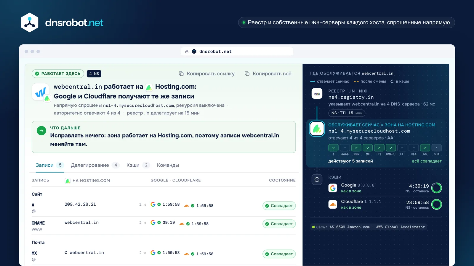 Проверка DNS хостинга для webcentral.in: работает на Hosting.com, каждая запись отвечает из зоны, колонка переезда и кэши