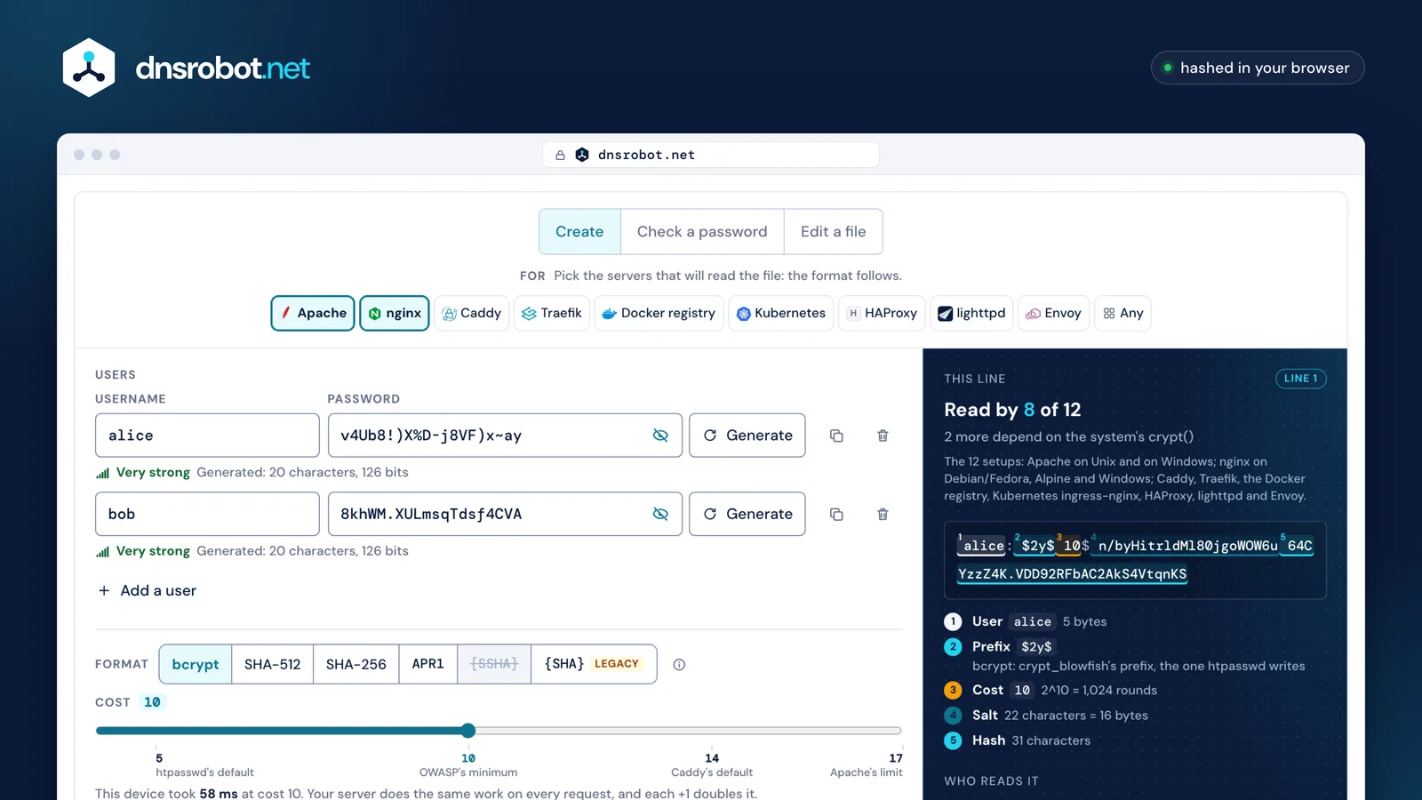 Htpasswd Generator: two users hashed with bcrypt for Apache and nginx, the line taken apart and the servers that read it