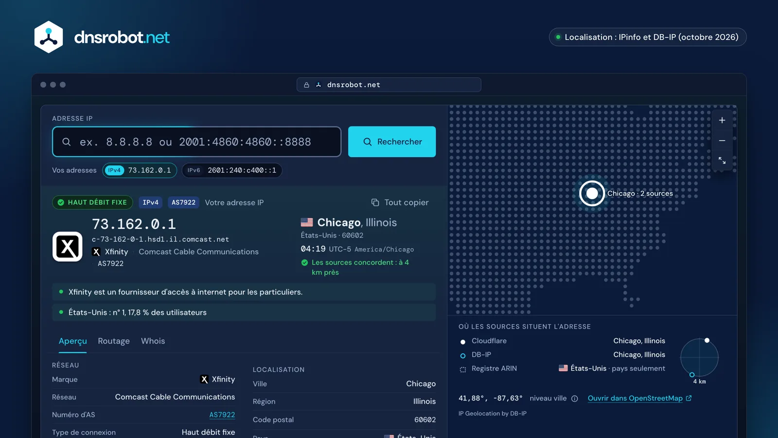 Recherche IP : la localisation d'une adresse IP selon deux bases sur une carte, le titulaire, la connexion et le registre