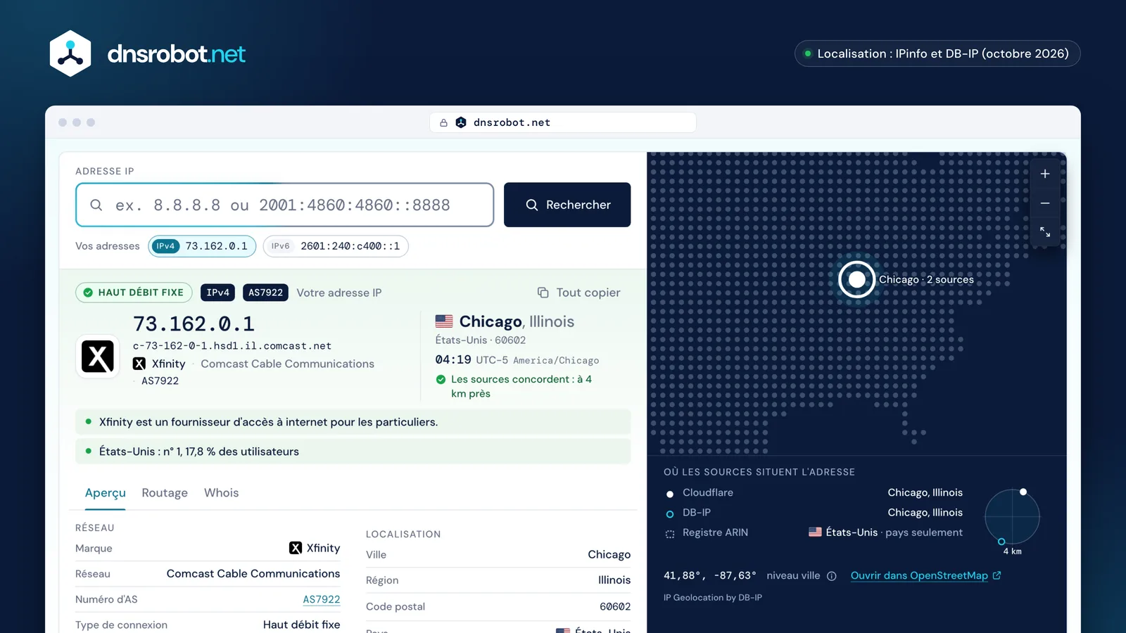 Recherche IP : la localisation d'une adresse IP selon deux bases sur une carte, le titulaire, la connexion et le registre
