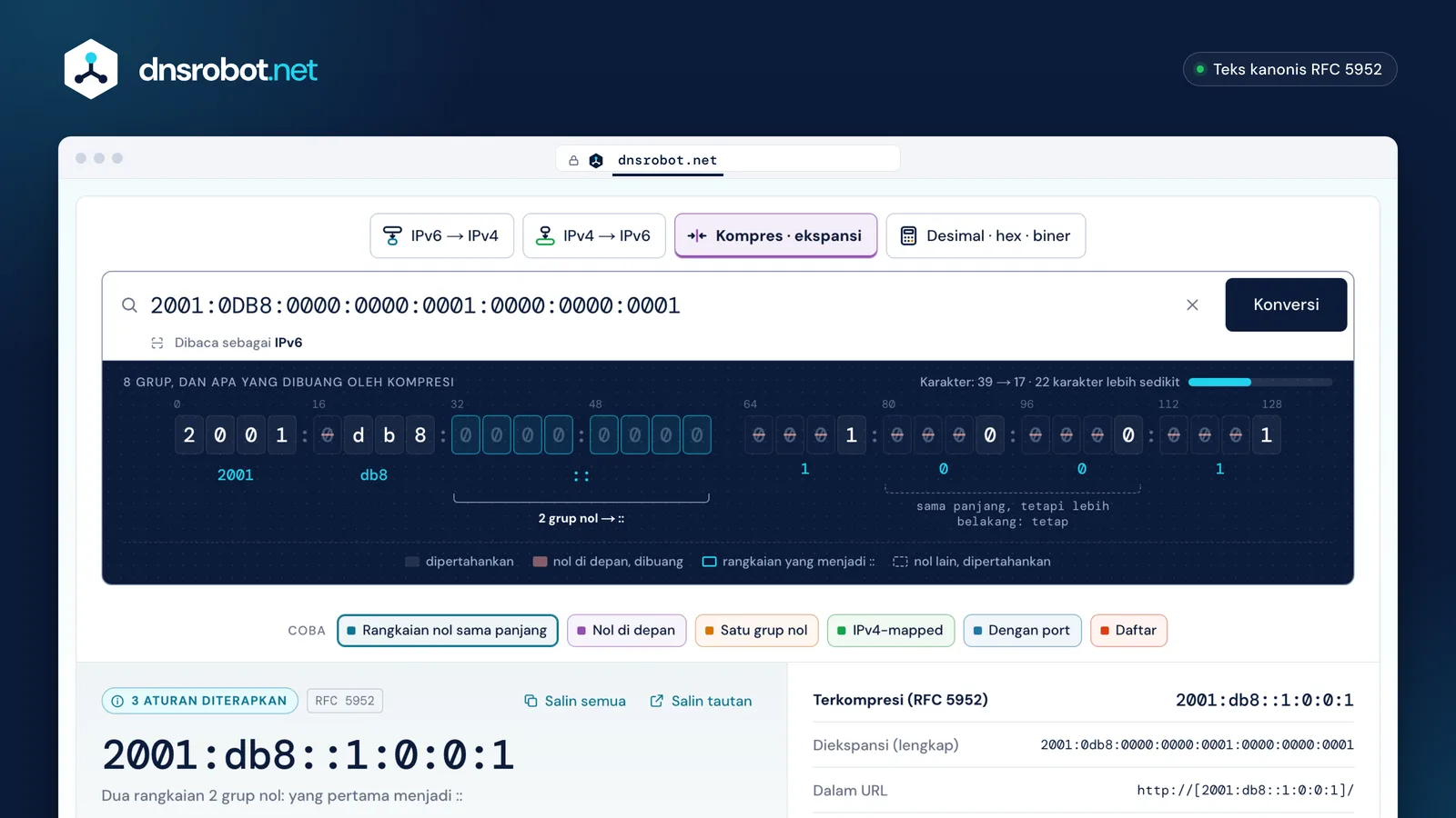 Alat kompresi IPv6 menampilkan nol yang dibuang menurut RFC 5952 dan rangkaian yang menjadi ::