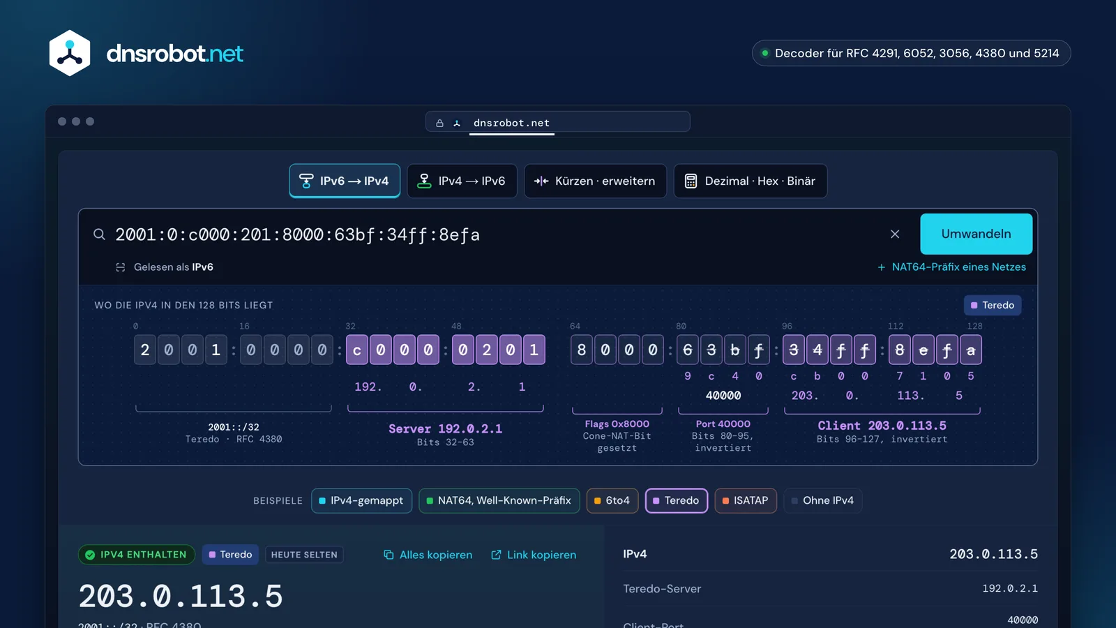 IPv6 in IPv4 umwandeln: Der Konverter zerlegt eine Teredo-Adresse in die IPv4-Adressen von Server und Client