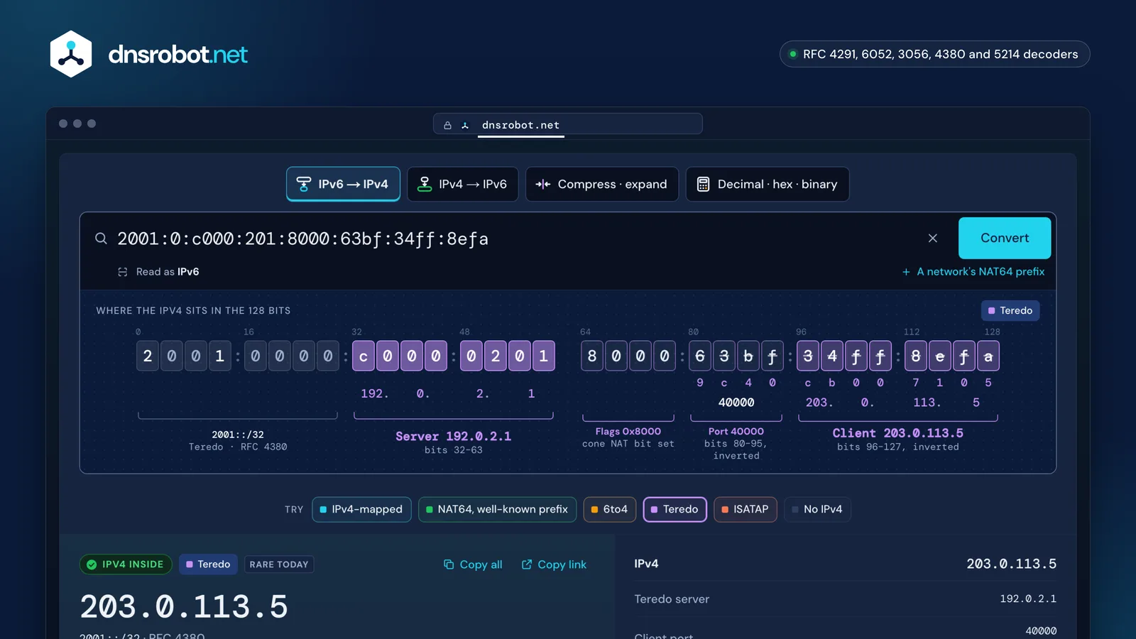 IPv6 to IPv4 converter decoding a Teredo address into its server and client IPv4 addresses