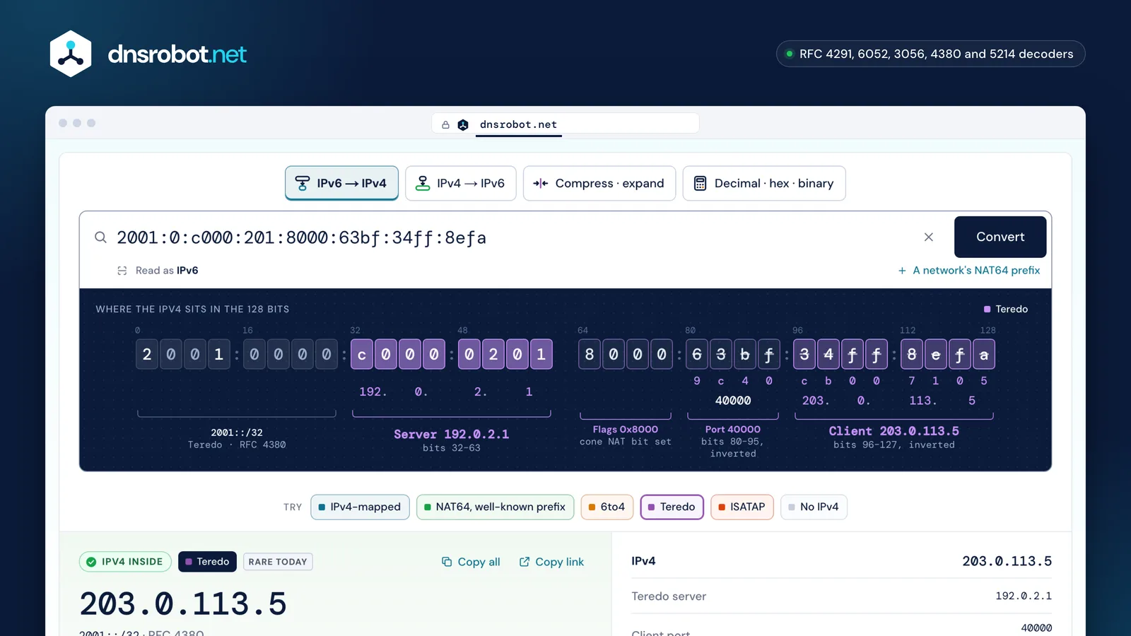 IPv6 to IPv4 converter decoding a Teredo address into its server and client IPv4 addresses