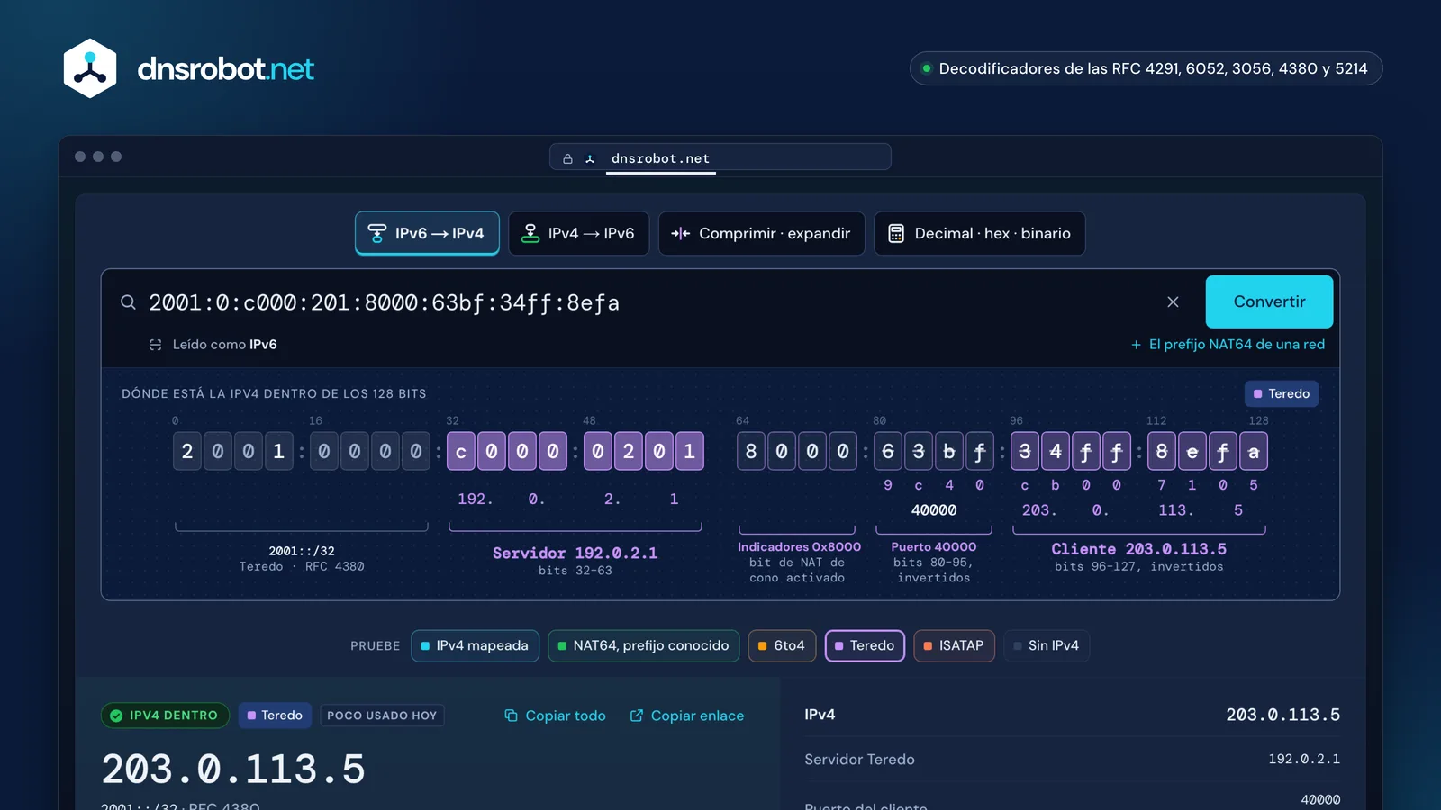 Conversor de IPv6 a IPv4 decodificando una dirección Teredo en las direcciones IPv4 del servidor y del cliente