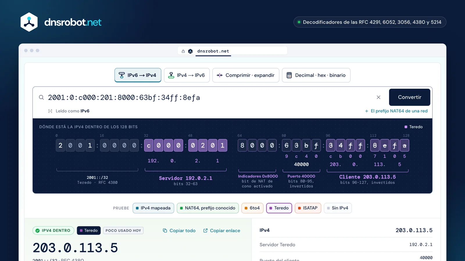 Conversor de IPv6 a IPv4 decodificando una dirección Teredo en las direcciones IPv4 del servidor y del cliente