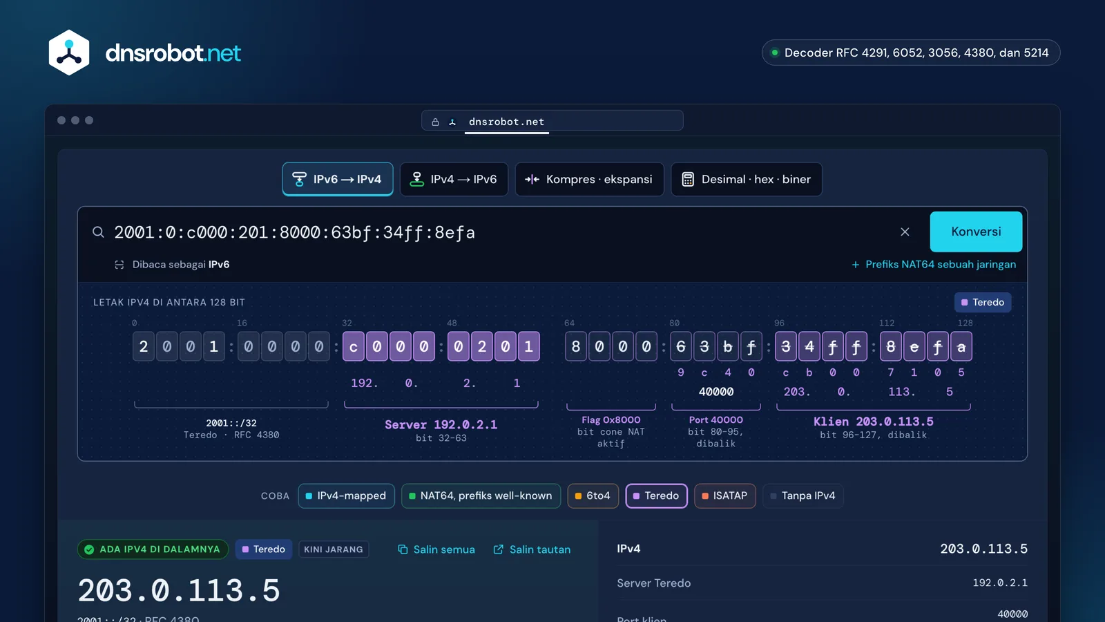 Konverter IPv6 ke IPv4 mengurai alamat Teredo menjadi alamat IPv4 server dan alamat IPv4 klien