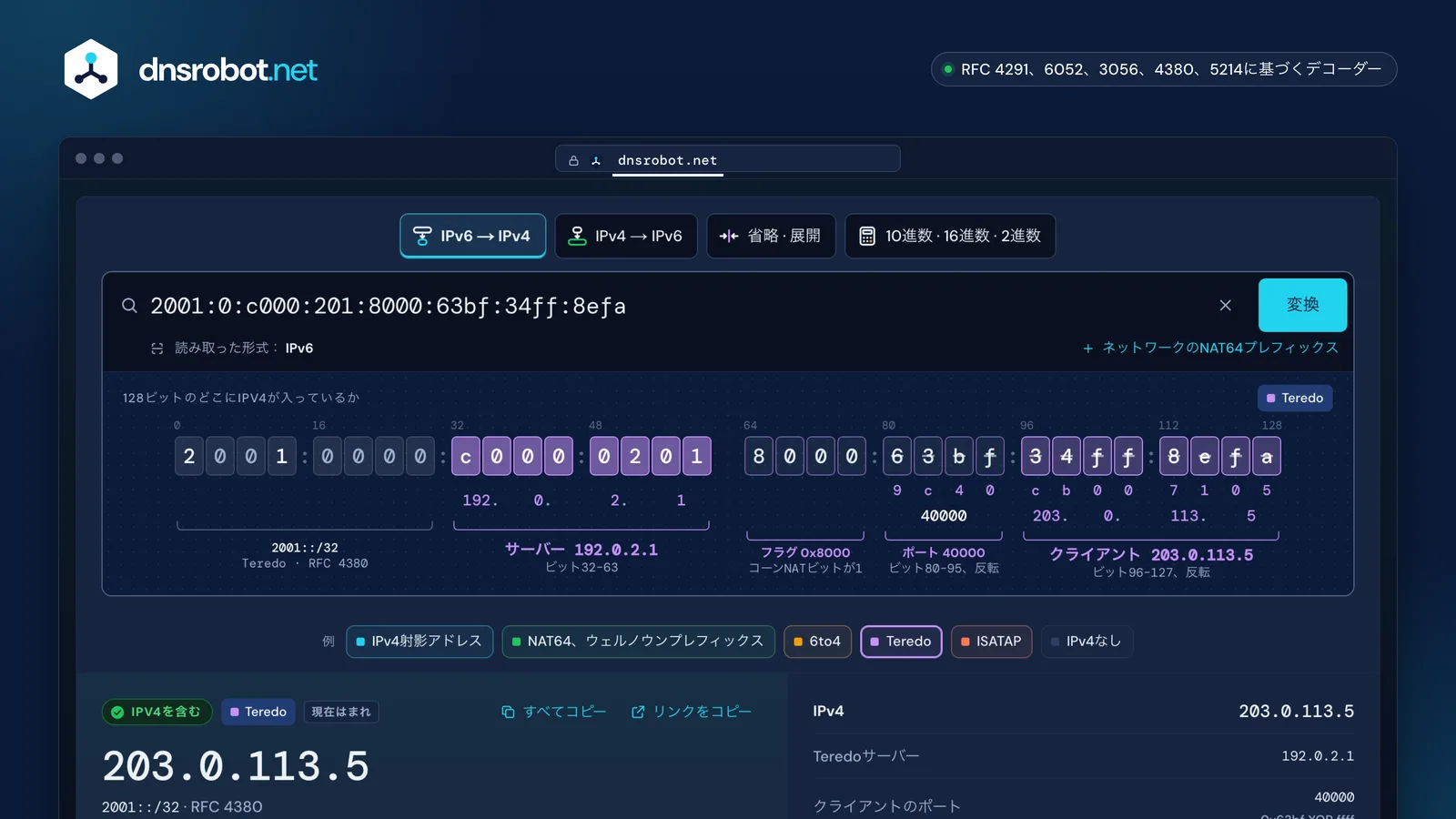 IPv6→IPv4変換ツールでTeredoアドレスを解読し、サーバーとクライアントのIPv4アドレスを取り出した画面