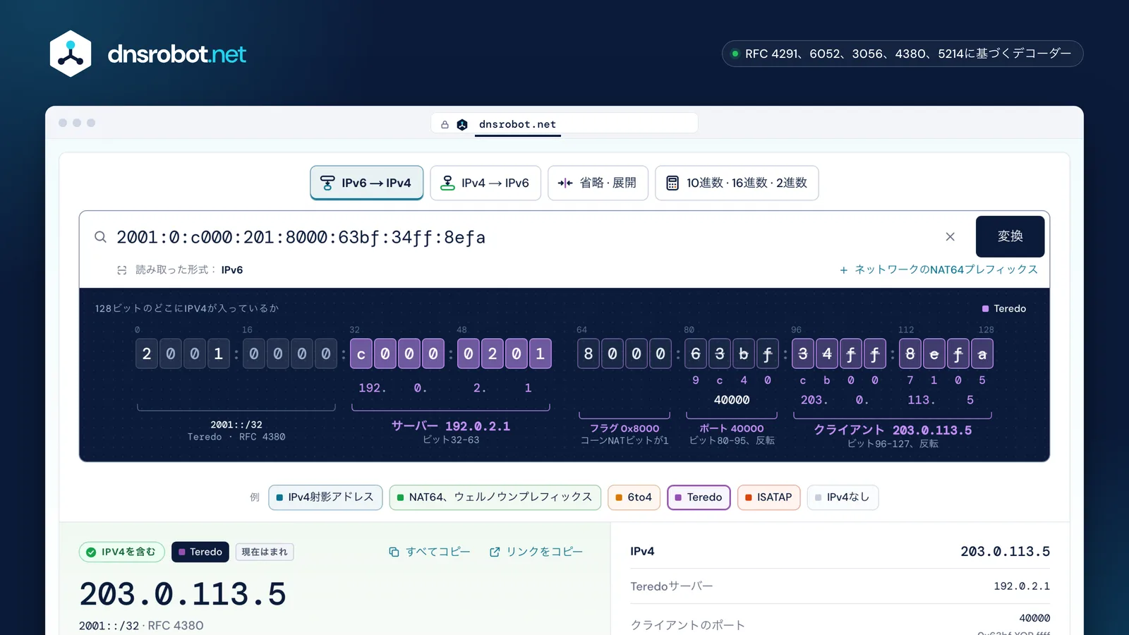 IPv6→IPv4変換ツールでTeredoアドレスを解読し、サーバーとクライアントのIPv4アドレスを取り出した画面