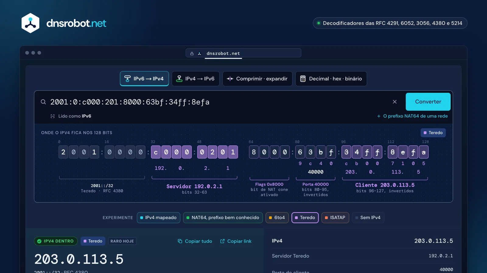 Conversor IPv6 para IPv4 decodificando um endereço Teredo nos endereços IPv4 do servidor e do cliente