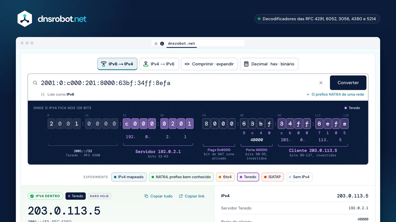 Conversor IPv6 para IPv4 decodificando um endereço Teredo nos endereços IPv4 do servidor e do cliente