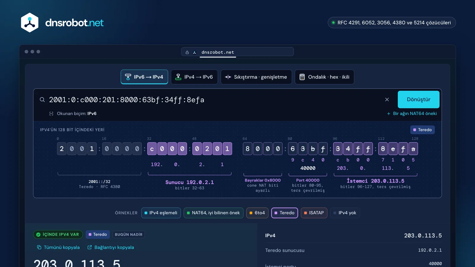 IPv6'dan IPv4'e dönüştürücü bir Teredo adresini sunucu ve istemci IPv4 adreslerine ayırıyor