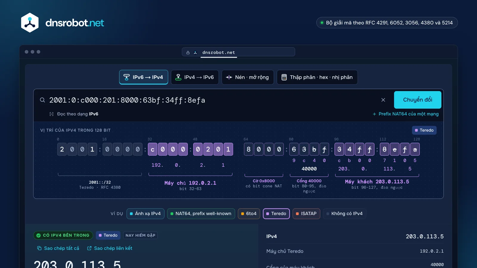 Công cụ chuyển đổi IPv6 sang IPv4 giải mã một địa chỉ Teredo thành địa chỉ IPv4 của máy chủ và máy khách