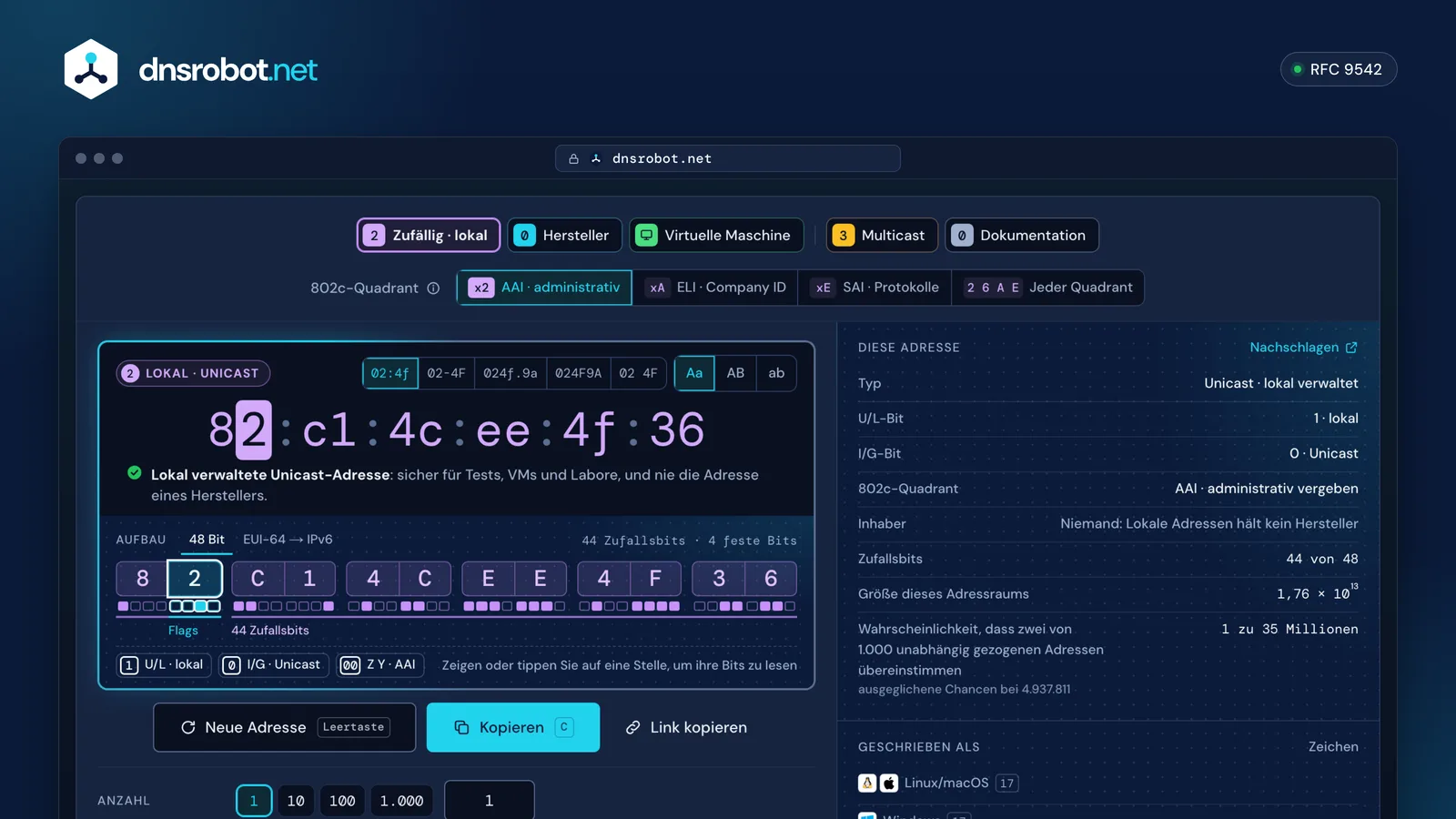 MAC-Adress-Generator: eine zufällige, lokal verwaltete MAC-Adresse mit ihren 48 Bit, Flag-Bits und 802c-Quadrant