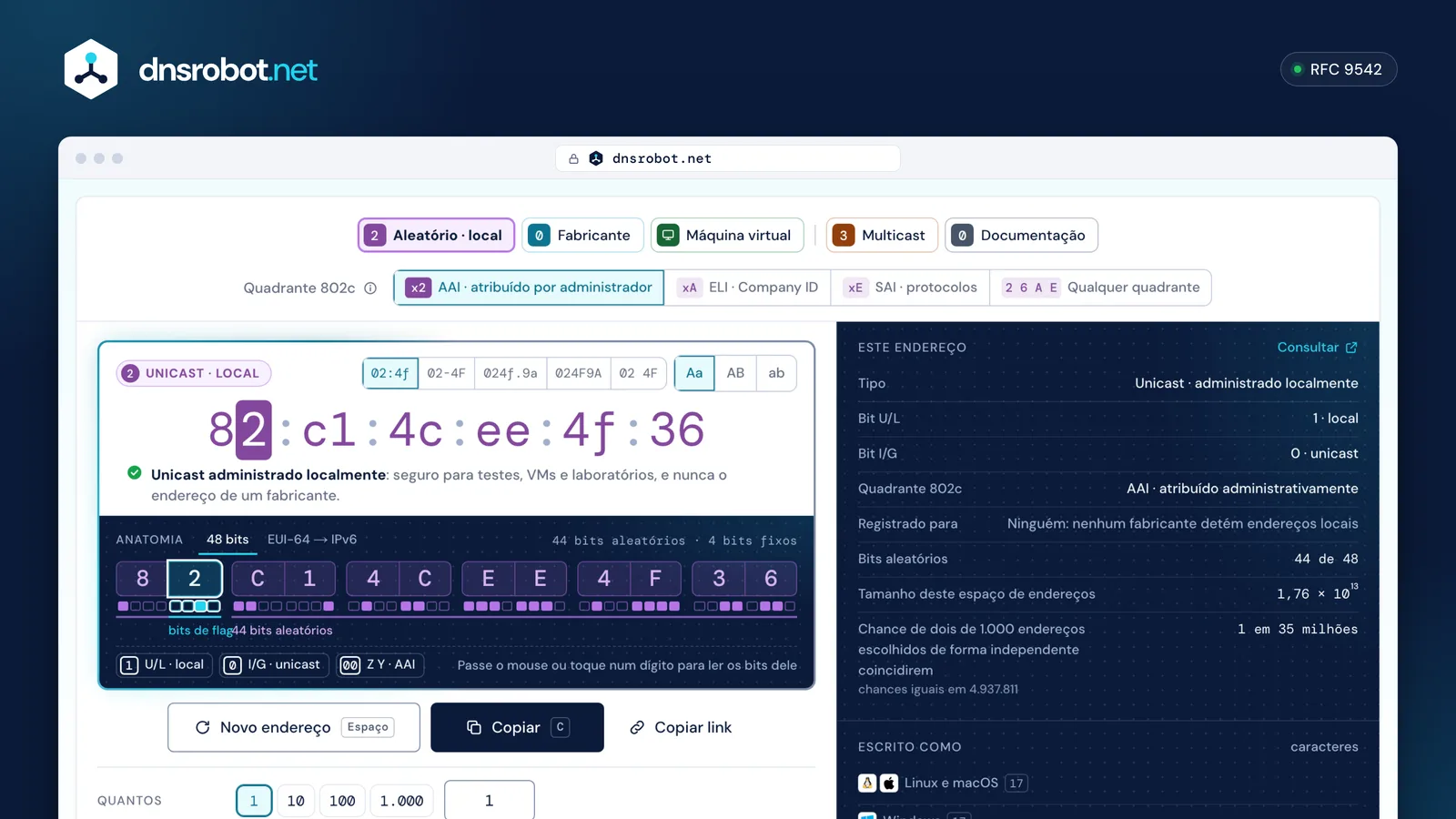 Gerador de endereço MAC: endereço aleatório administrado localmente com os 48 bits, as flags e o quadrante 802c marcados