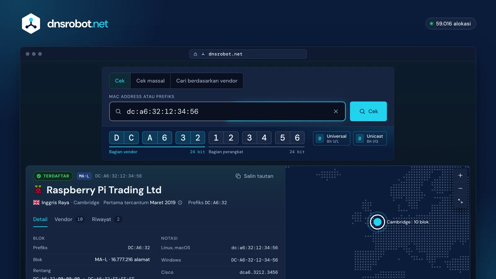 Hasil cek MAC address DC:A6:32:12:34:56: Raspberry Pi Trading Ltd, blok MA-L, serta bit vendor dan perangkat