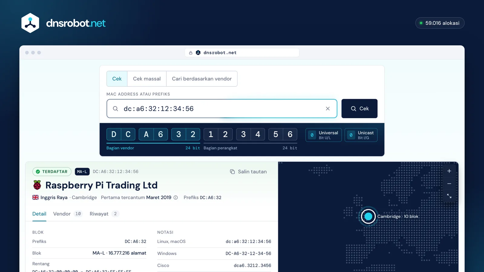 Hasil cek MAC address DC:A6:32:12:34:56: Raspberry Pi Trading Ltd, blok MA-L, serta bit vendor dan perangkat