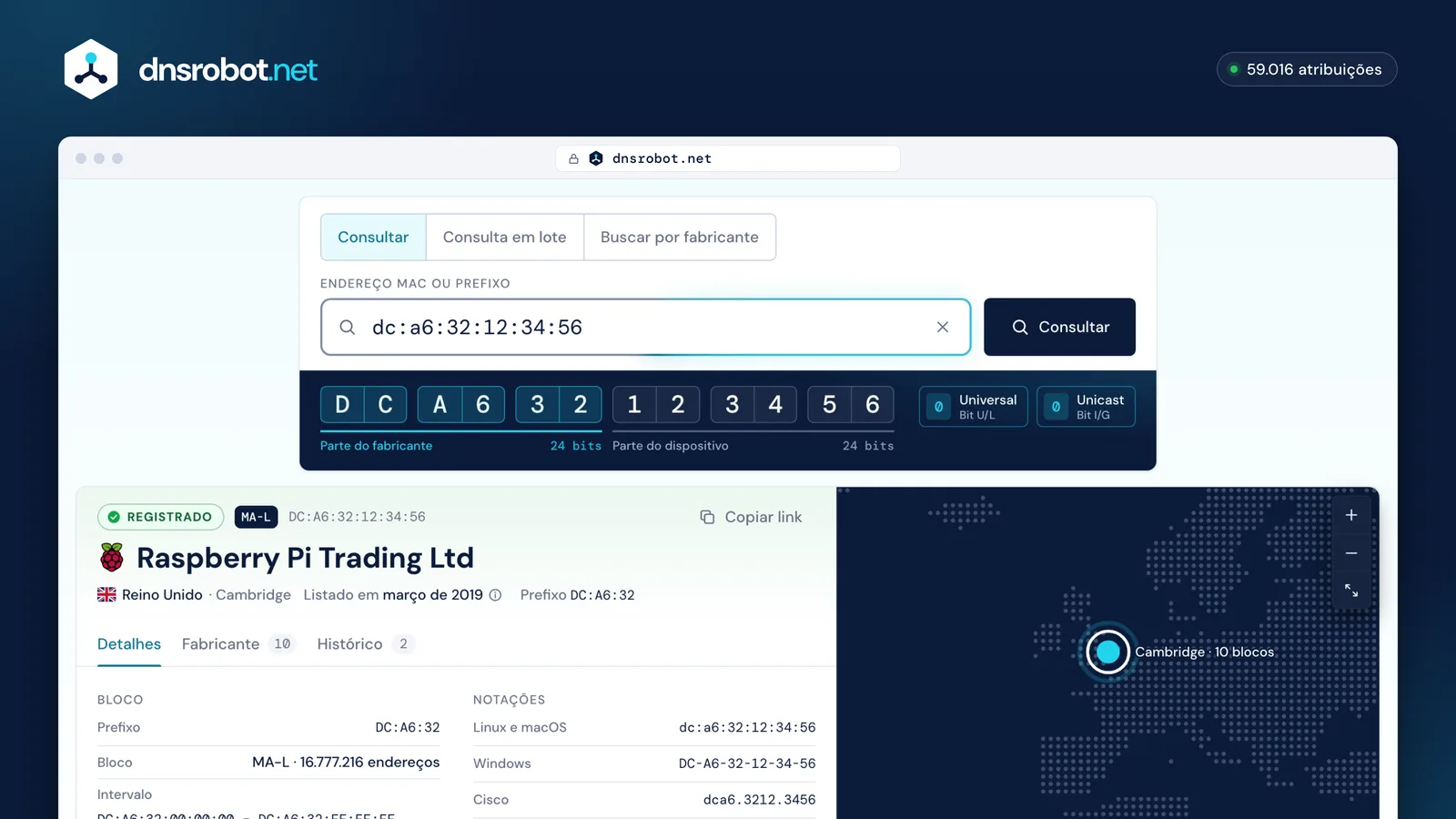 Consulta de endereço MAC de DC:A6:32:12:34:56: Raspberry Pi Trading Ltd, bloco MA-L e os bits do fabricante e do dispositivo