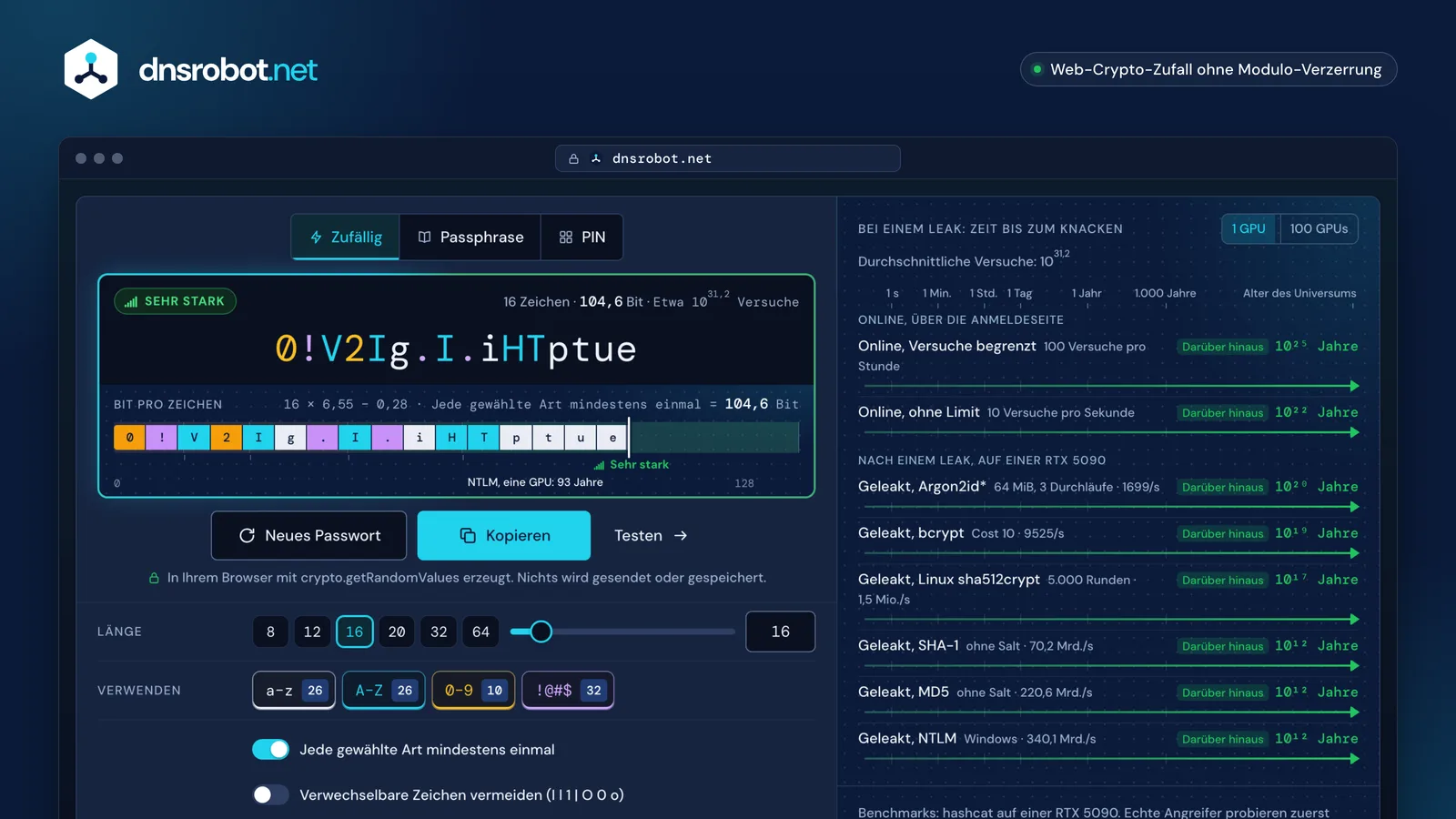 Passwort-Generator: ein zufälliges Passwort mit 16 Zeichen, nach Art eingefärbt, mit Stärke in Bit, Knackzeit und Optionen