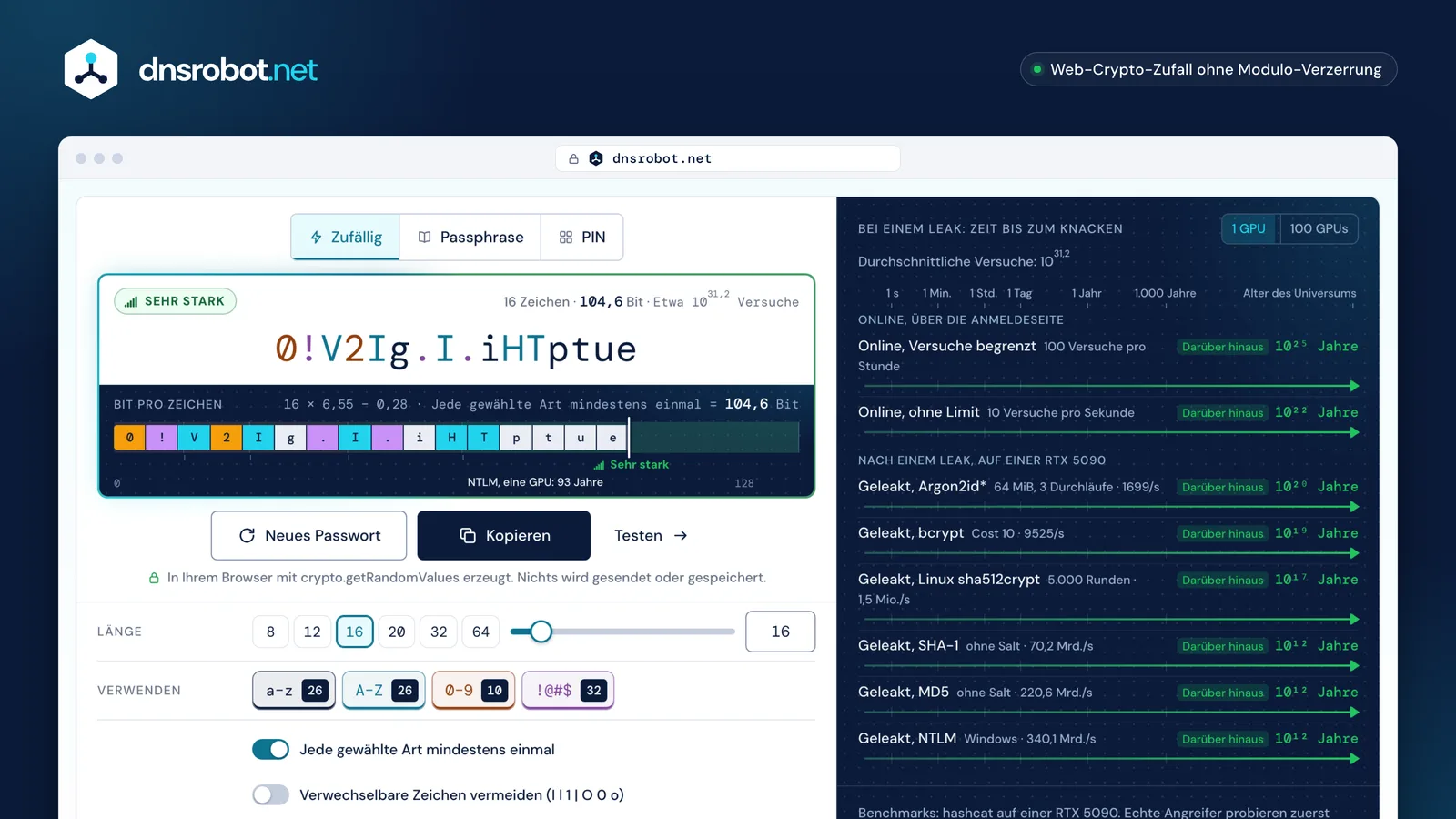 Passwort-Generator: ein zufälliges Passwort mit 16 Zeichen, nach Art eingefärbt, mit Stärke in Bit, Knackzeit und Optionen