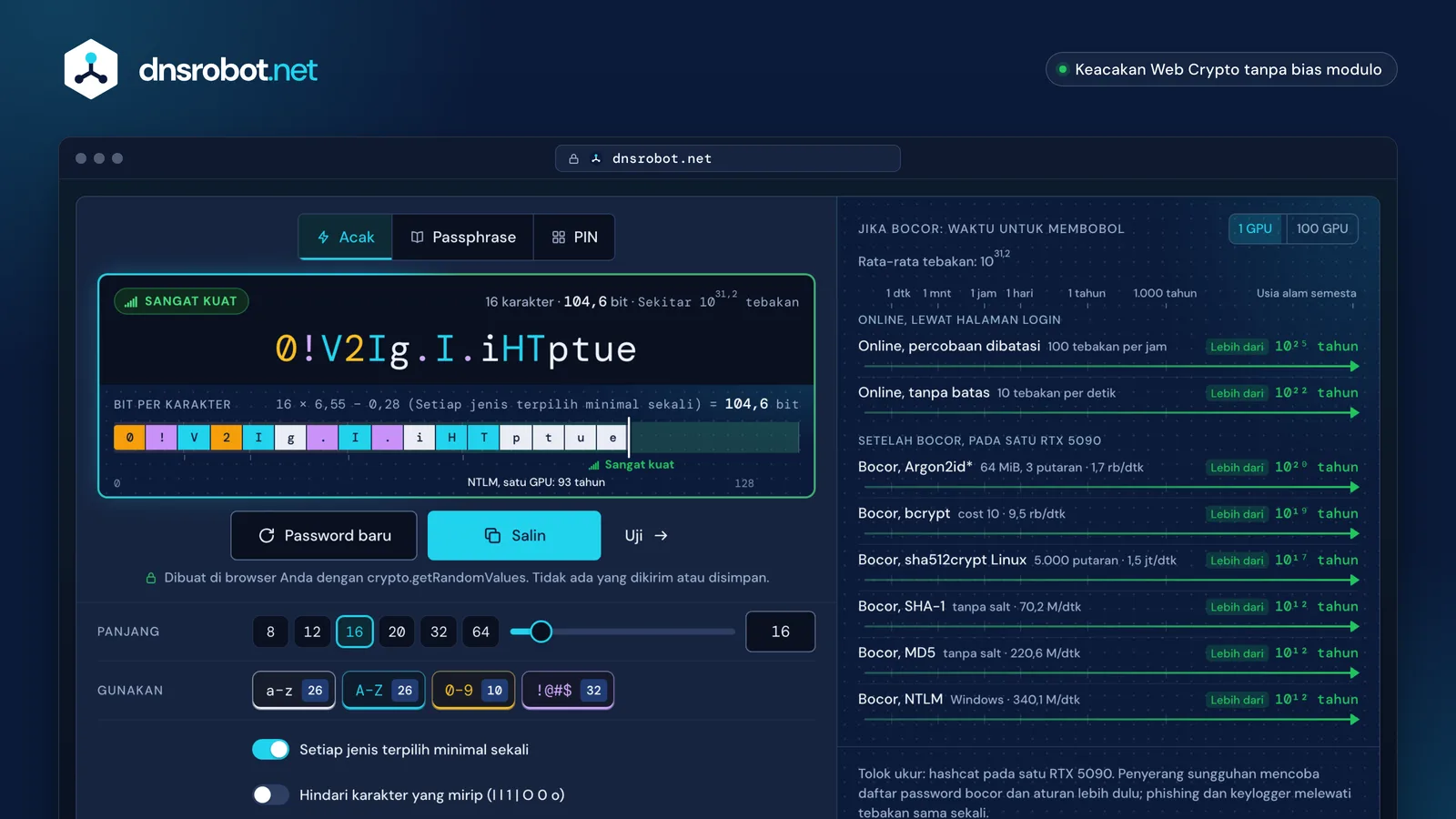 Pembuat kata sandi: password acak 16 karakter diwarnai menurut jenis, dengan kekuatan dalam bit, waktu bobol, dan opsi