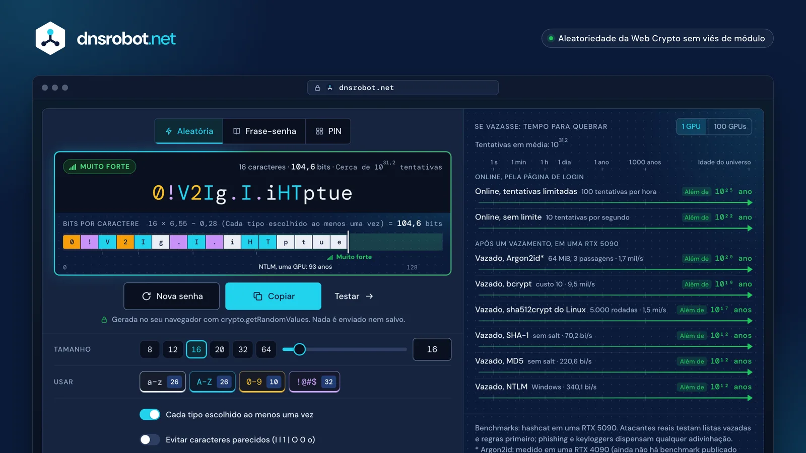 Gerador de senhas: senha aleatória de 16 caracteres colorida por tipo, com força em bits, tempo para quebrar e opções