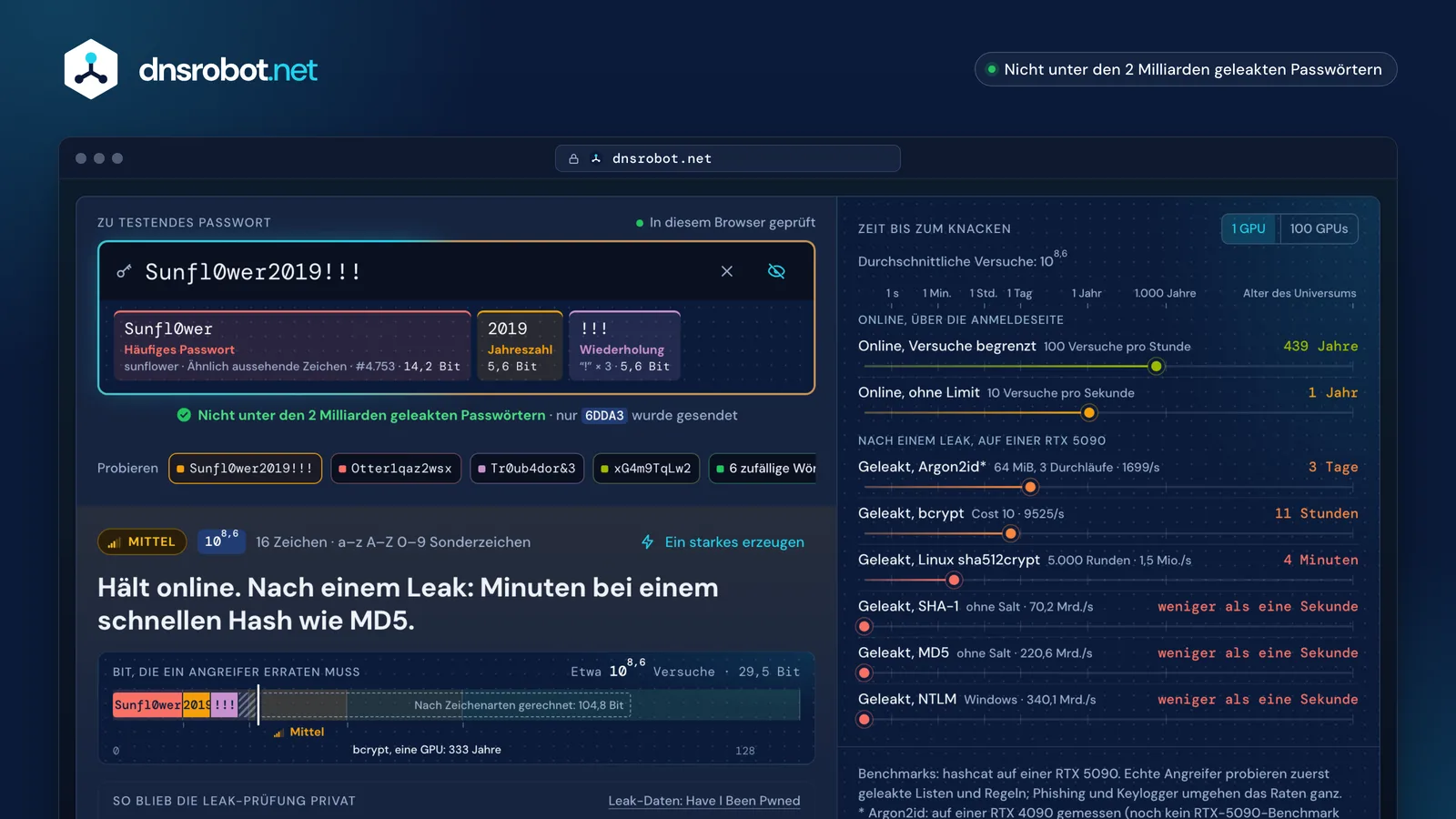 Passwort-Test: ein Passwort, zerlegt in schwächende Muster, mit Knackzeiten für 8 Angriffe und einem Leak-Check
