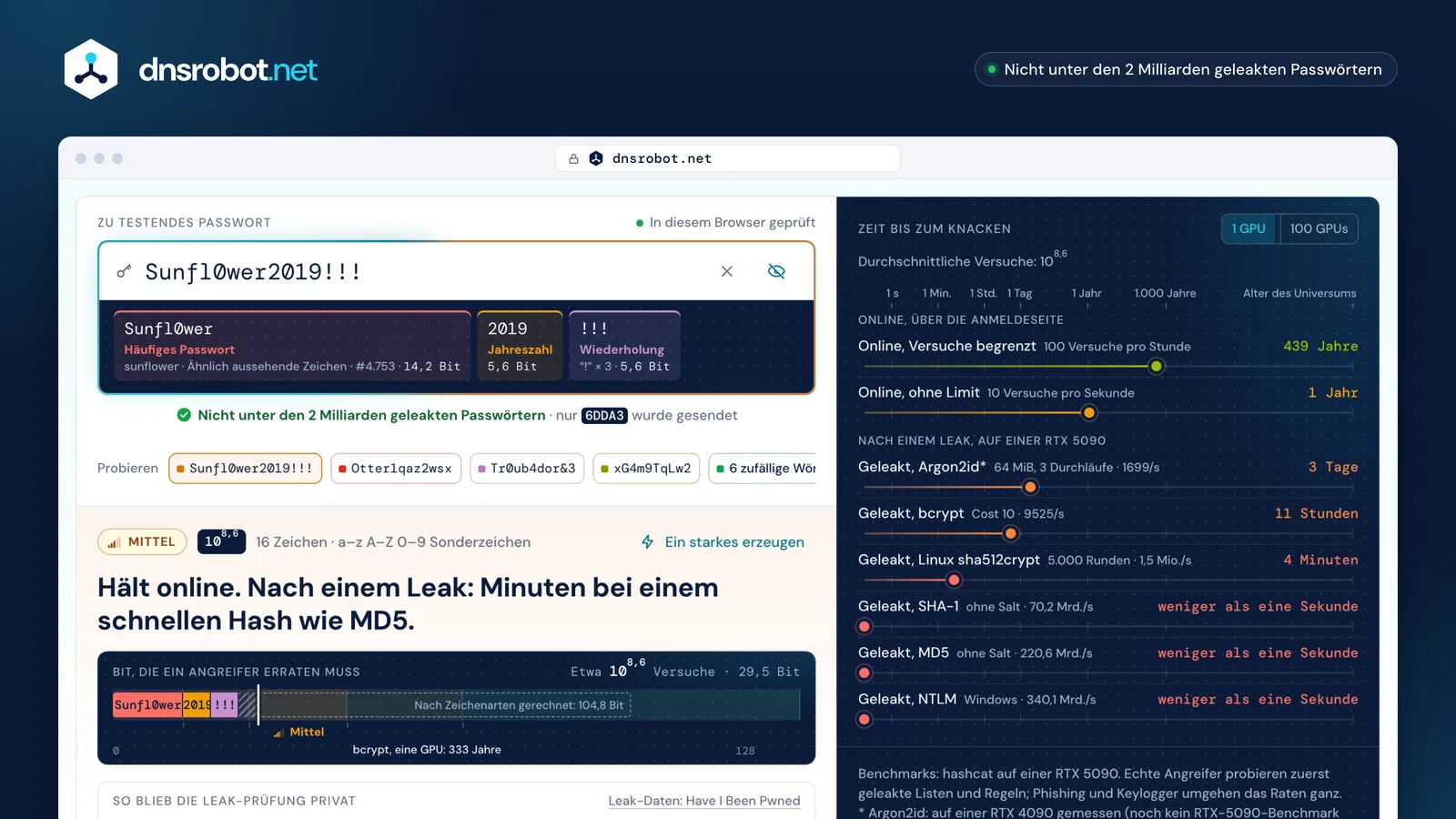 Passwort-Test: ein Passwort, zerlegt in schwächende Muster, mit Knackzeiten für 8 Angriffe und einem Leak-Check