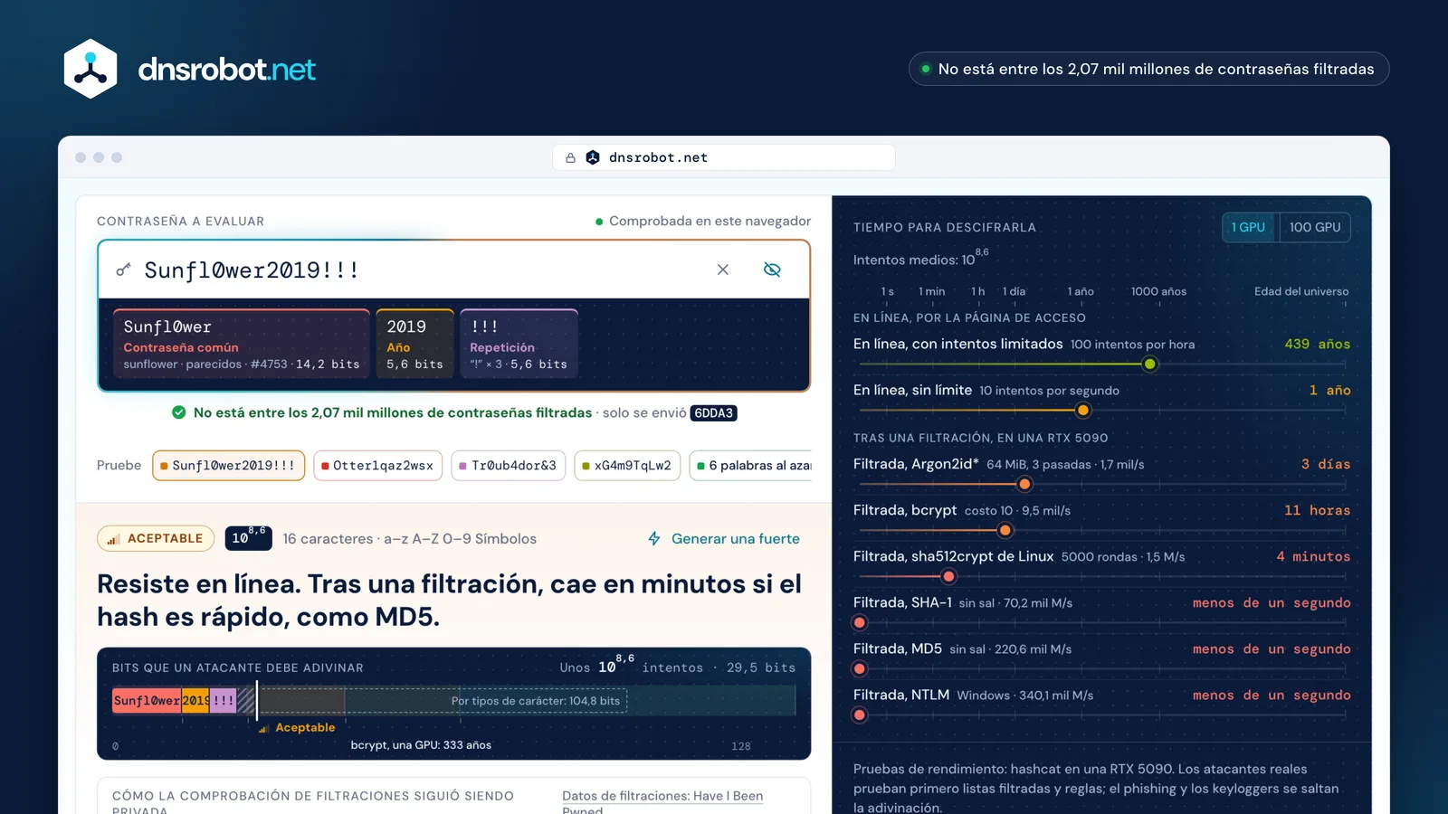 Verificador de seguridad de contraseñas: patrones débiles, tiempos de descifrado de 8 ataques y comprobación de filtraciones
