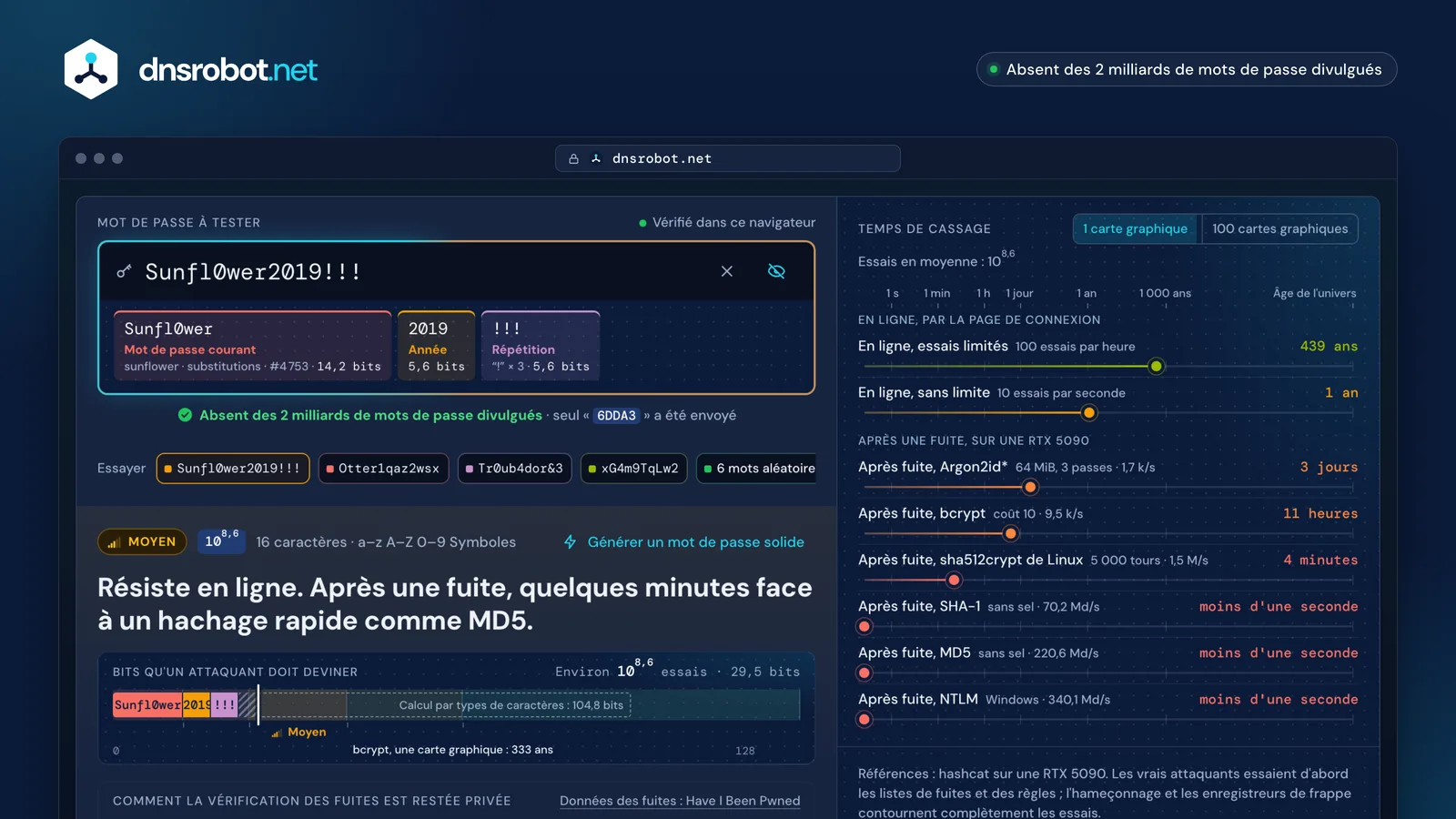 Testeur de mot de passe : mot de passe décomposé en motifs faibles, temps de cassage pour 8 attaques et contrôle des fuites