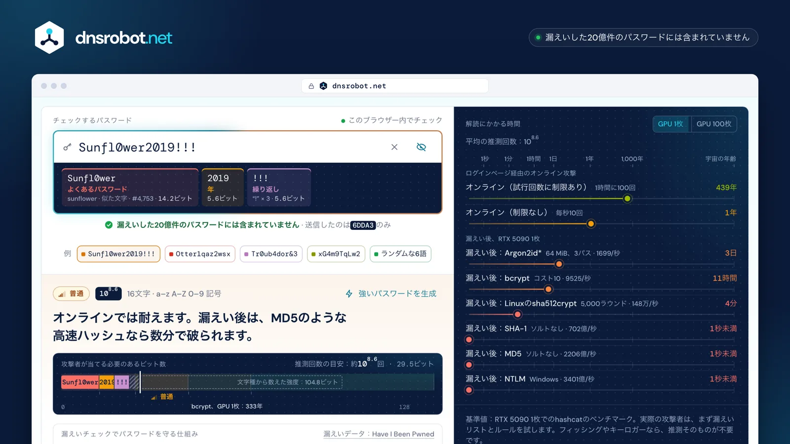 パスワード強度チェックの画面：弱点になるパターンごとに分けたパスワード、8種類の攻撃の解読時間、漏えいチェック