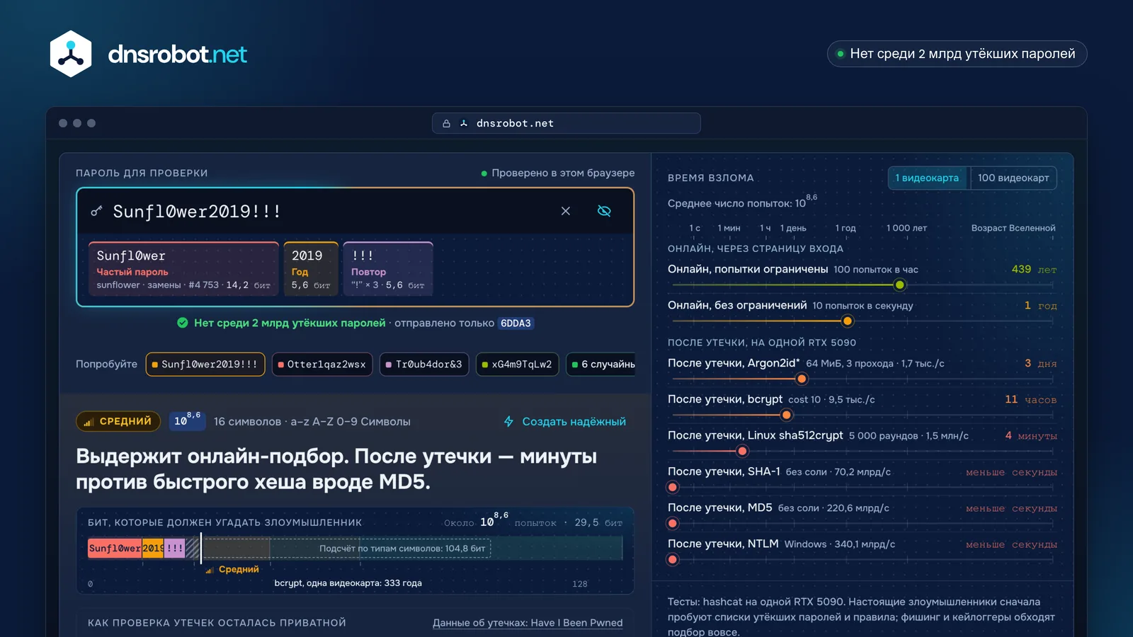 Проверка надёжности пароля: пароль, разобранный на ослабляющие шаблоны, время взлома по 8 атакам и проверка на утечки