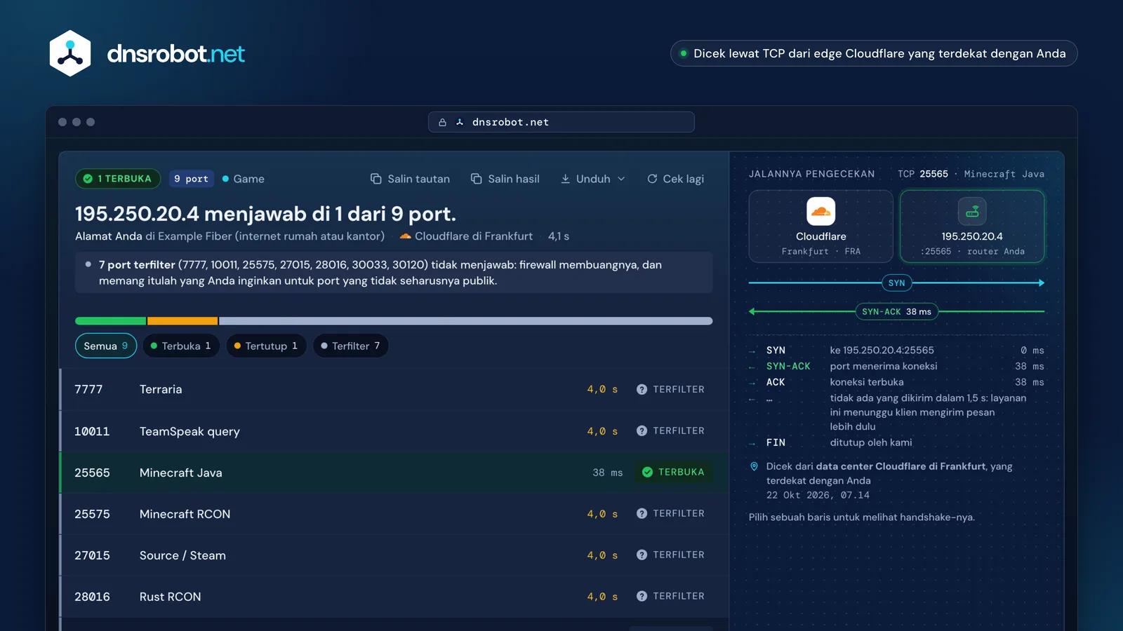 Hasil cek port: port 25565 terbuka di IP rumah, handshake TCP, dan daftar port yang dicek beserta statusnya