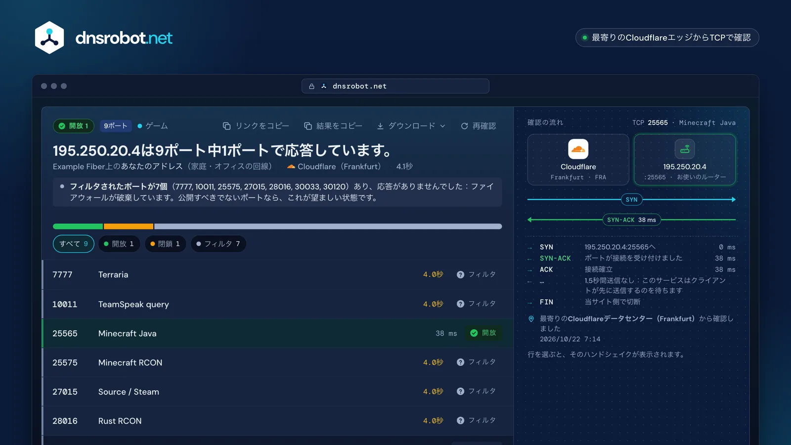 ポートチェックの結果:家庭のIPアドレスでポート25565が開放、TCPハンドシェイクと確認したポートの状態一覧