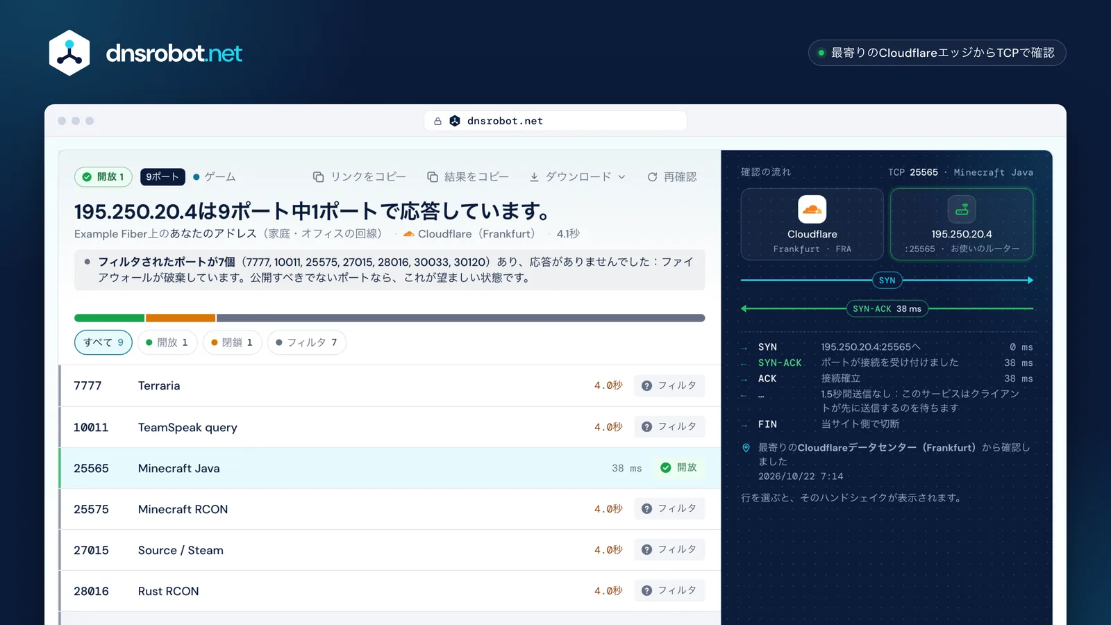 ポートチェックの結果:家庭のIPアドレスでポート25565が開放、TCPハンドシェイクと確認したポートの状態一覧