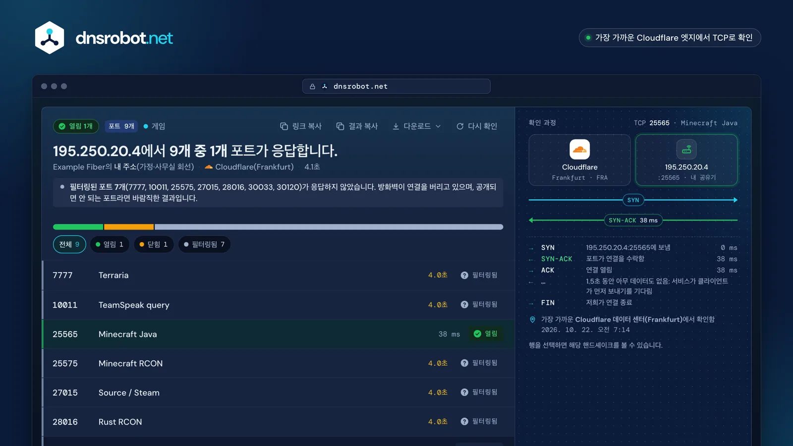 포트 확인 결과: 가정용 IP 주소에서 열림 상태인 25565번 포트, TCP 핸드셰이크, 확인한 포트 목록과 각 포트의 상태