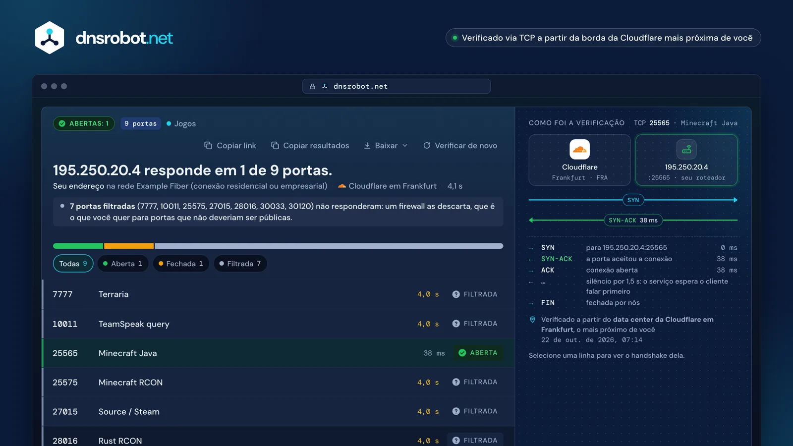 Resultado do teste de portas: porta 25565 aberta em um IP residencial, o handshake TCP e a lista de portas verificadas
