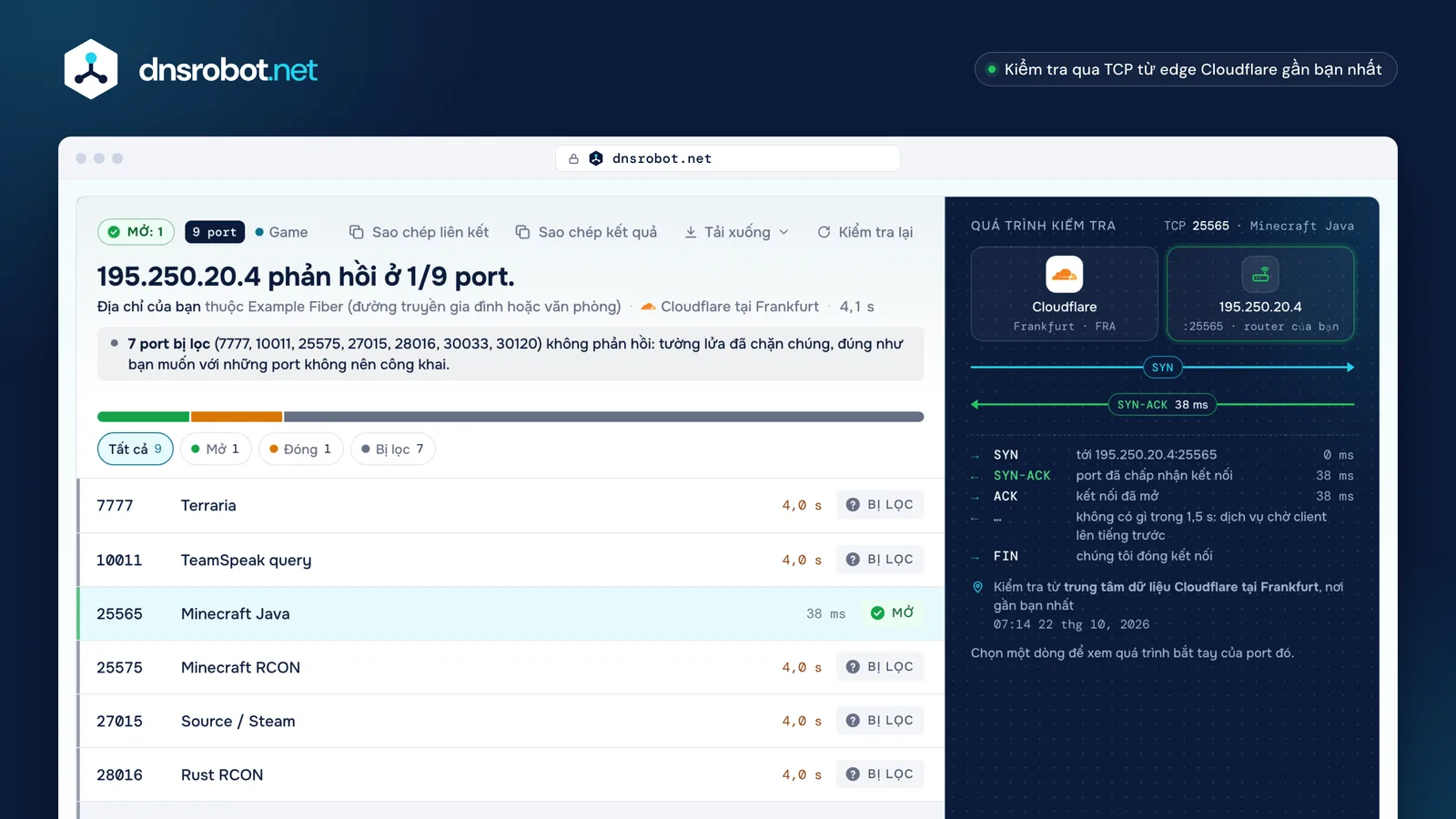 Kết quả kiểm tra port: port 25565 đang mở trên IP gia đình, quá trình bắt tay TCP và danh sách các port đã kiểm tra