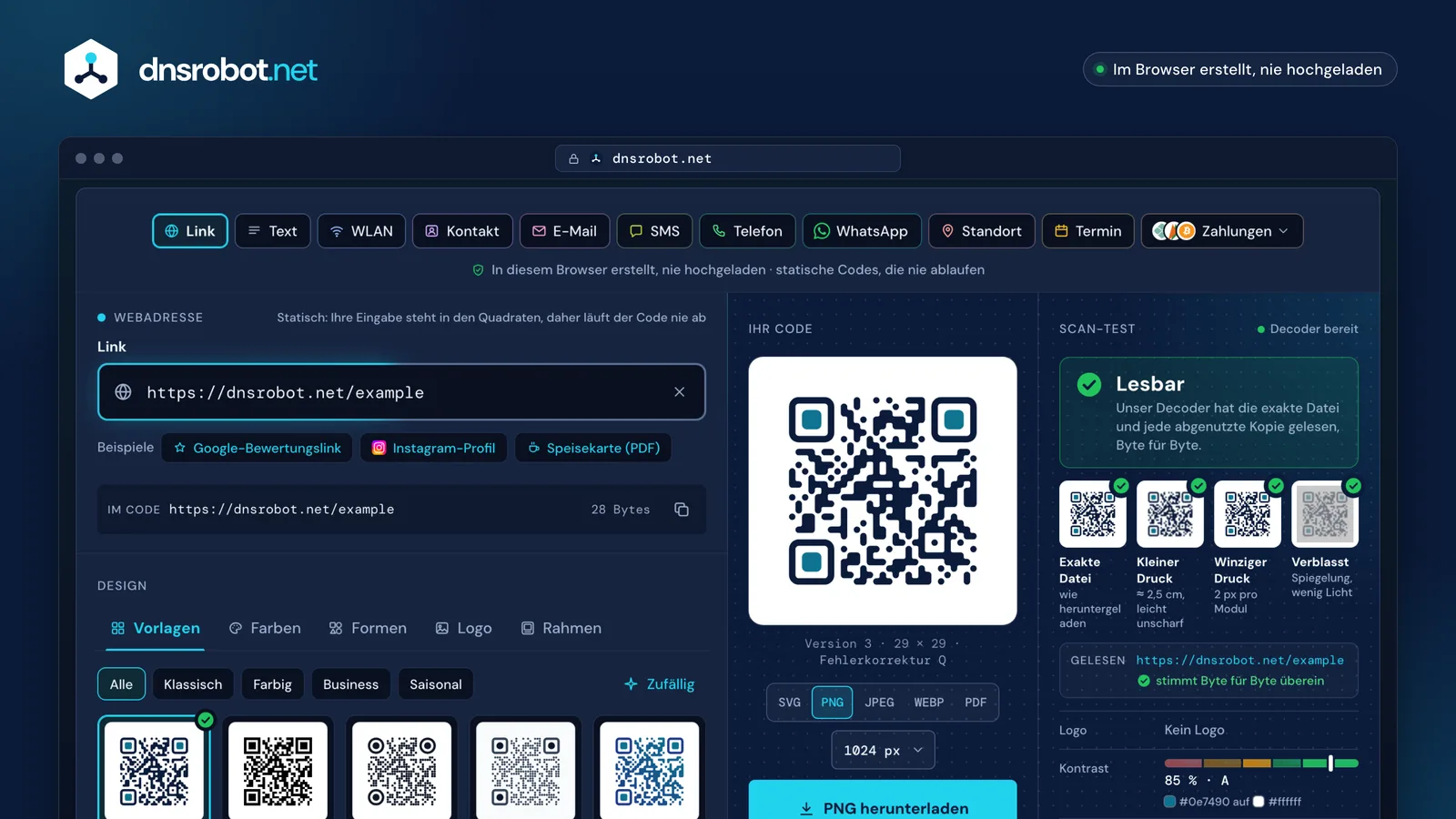 QR-Code-Generator kostenlos: QR-Code für einen Link in Marineblau, vom Scan-Test geprüft, bereit als SVG oder PNG