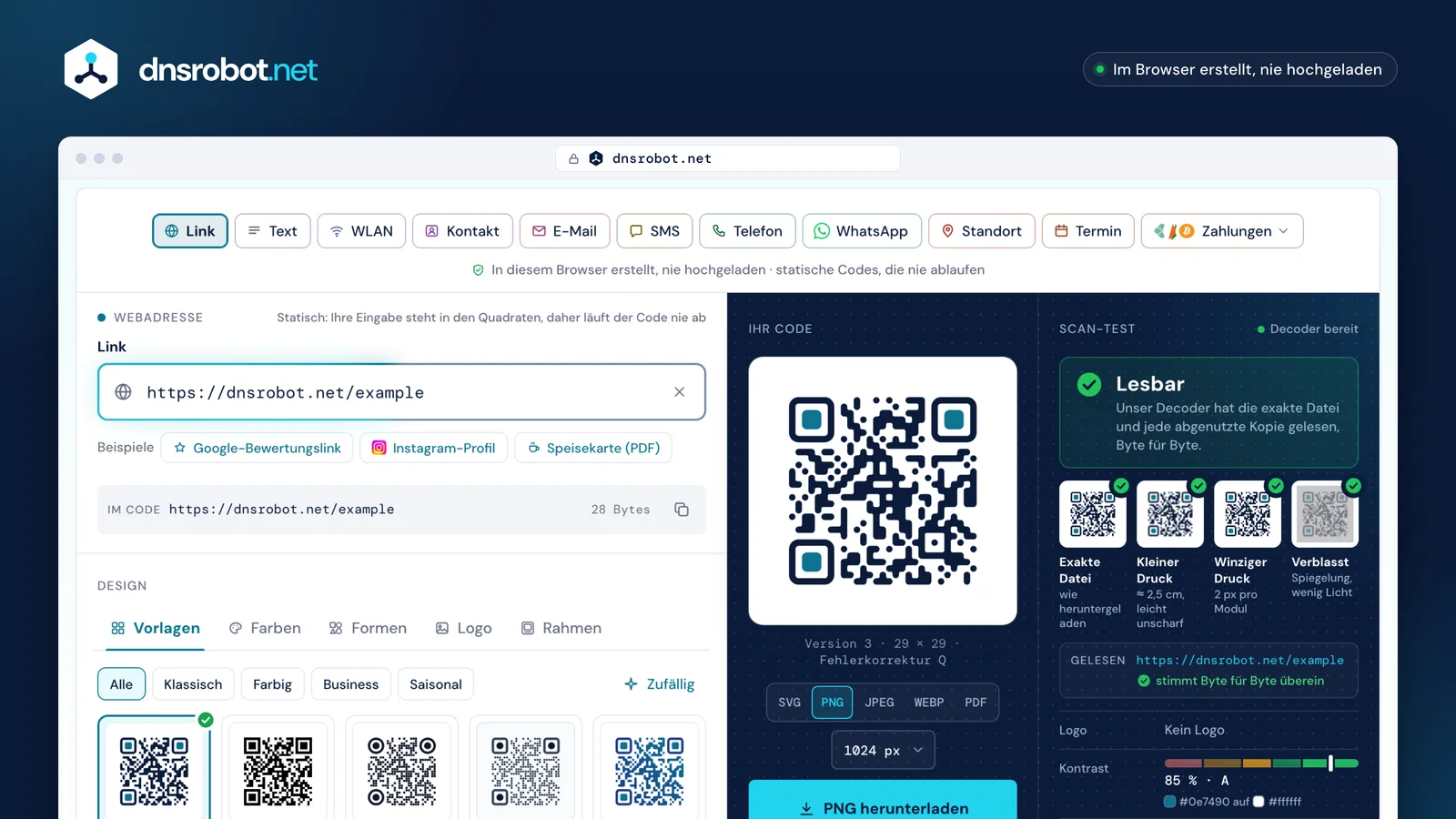 QR-Code-Generator kostenlos: QR-Code für einen Link in Marineblau, vom Scan-Test geprüft, bereit als SVG oder PNG