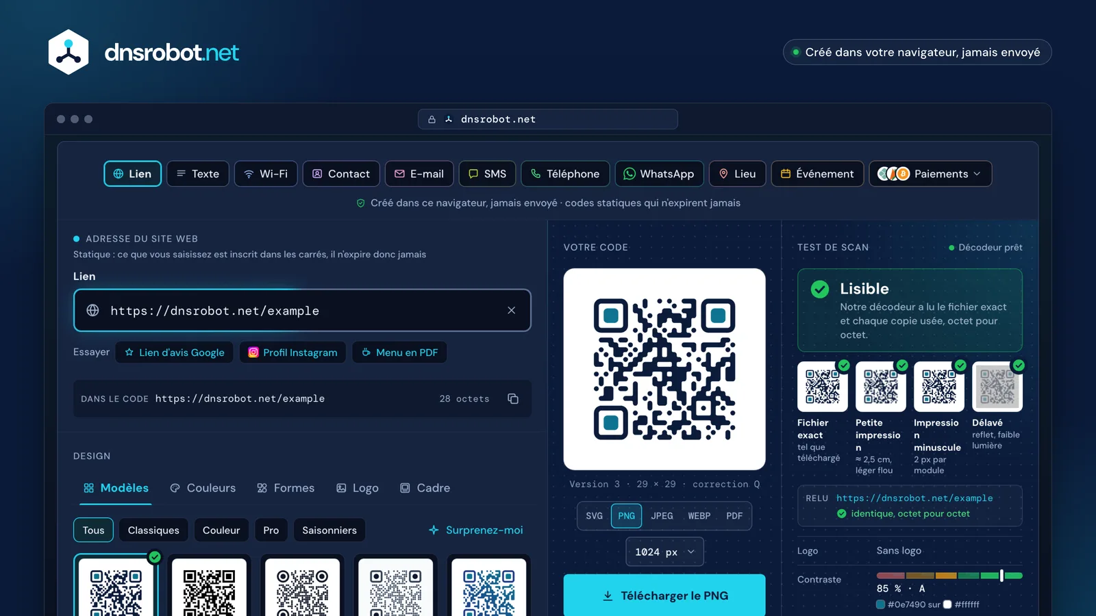 Générateur de QR code gratuit : le QR code d'un lien en bleu marine, relu par le test de scan, prêt en SVG ou PNG