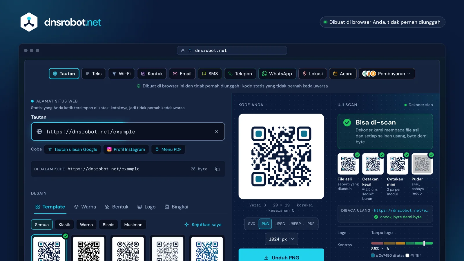 Buat QR code gratis: QR code tautan bergaya biru tua, dibaca ulang oleh uji scan, siap diunduh sebagai SVG atau PNG