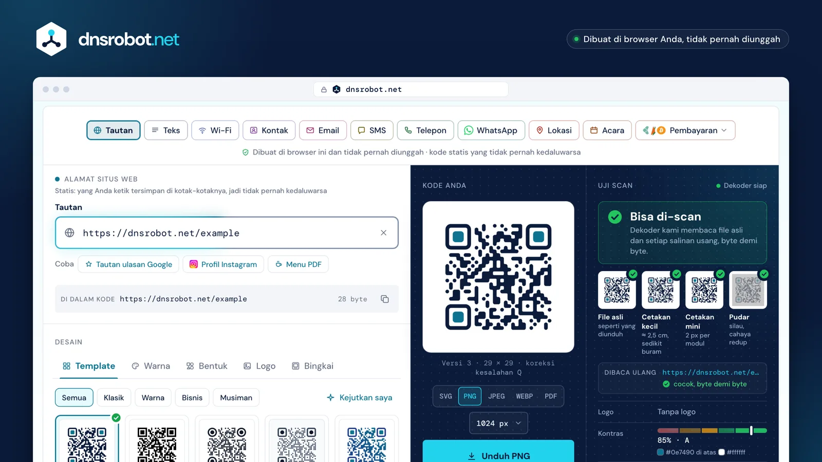 Buat QR code gratis: QR code tautan bergaya biru tua, dibaca ulang oleh uji scan, siap diunduh sebagai SVG atau PNG