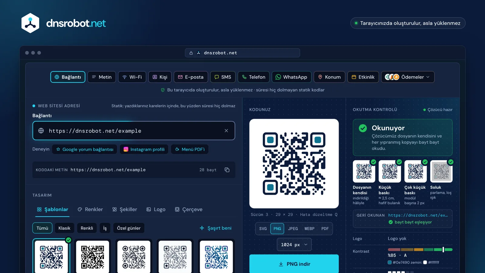 QR kod oluşturma: lacivert tasarımlı bir bağlantı QR kodu, okutma kontrolünden geçmiş, SVG veya PNG olarak indirmeye hazır
