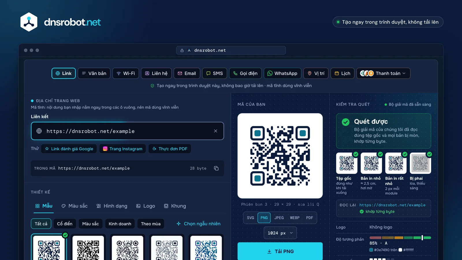 Tạo mã QR miễn phí: mã QR của một liên kết tô màu xanh navy, đã qua kiểm tra quét, sẵn sàng tải SVG hoặc PNG