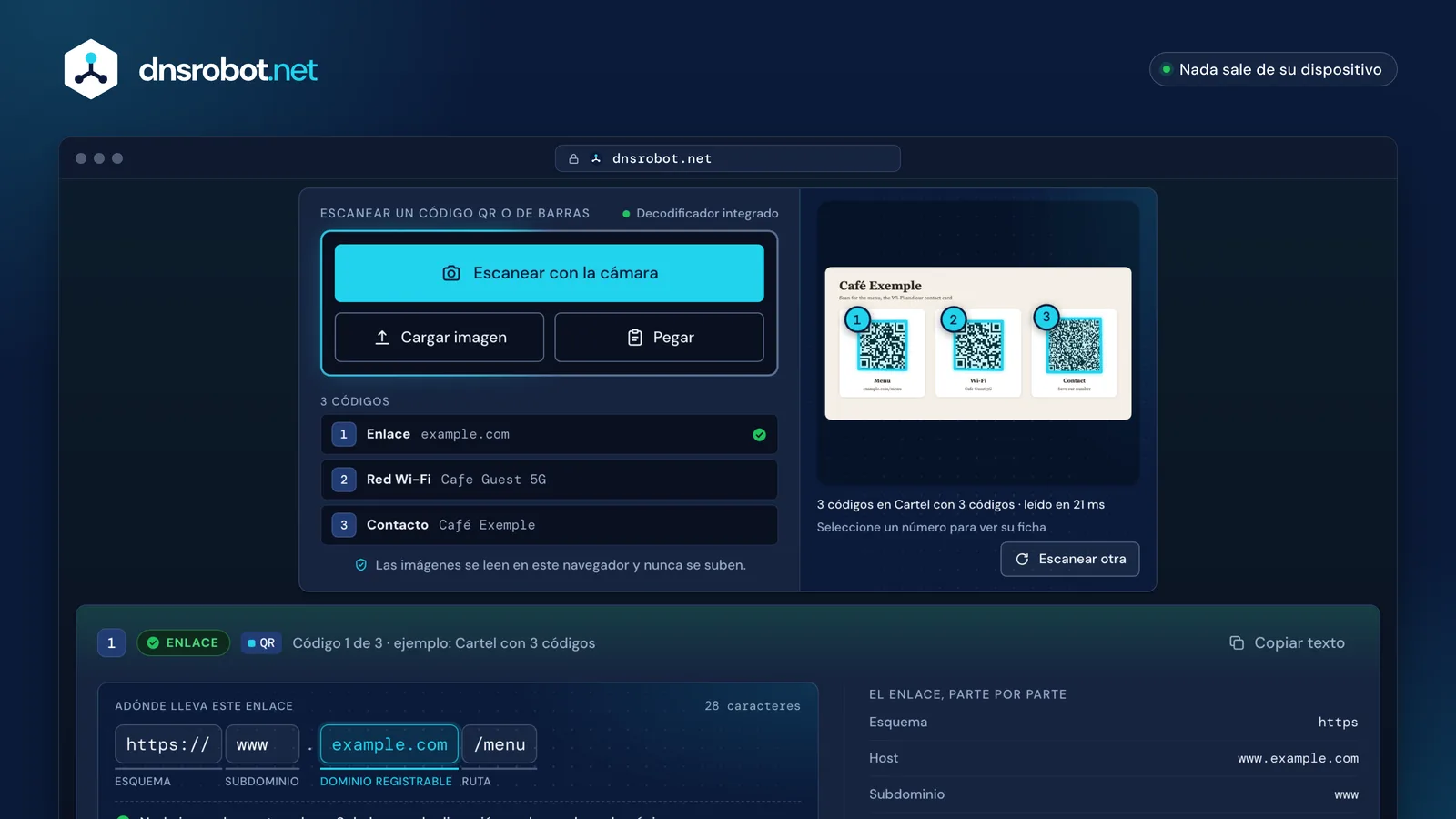 Lector QR online leyendo una captura con tres códigos: un enlace con su dominio real, una contraseña Wi-Fi y un contacto