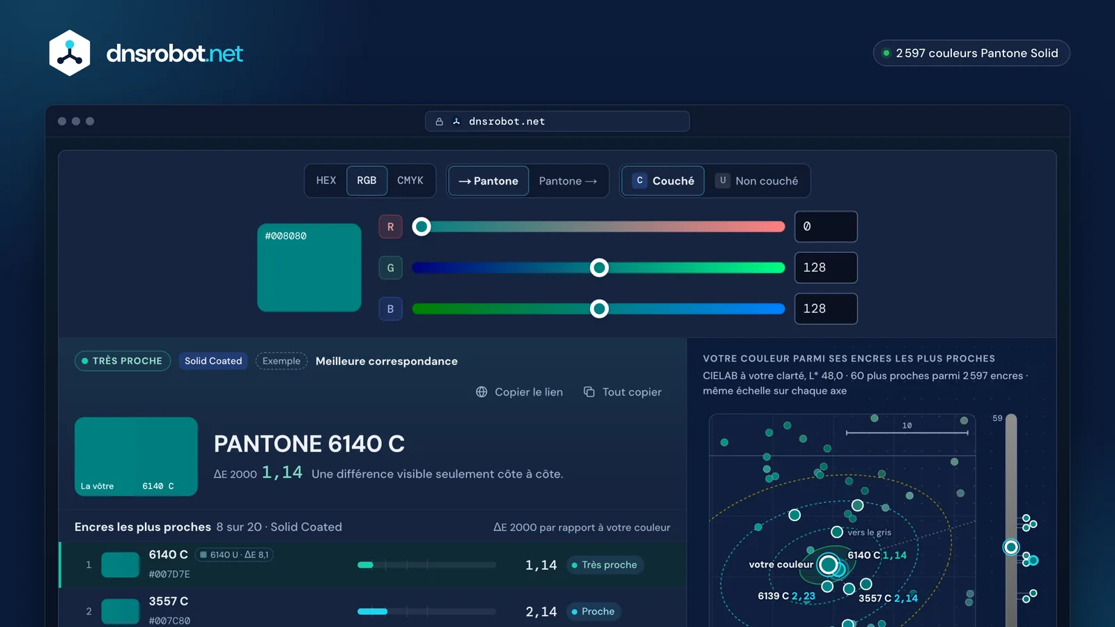 Convertisseur RVB vers Pantone : curseurs rouge, vert et bleu et encres Pantone les plus proches, classées par Delta E 2000