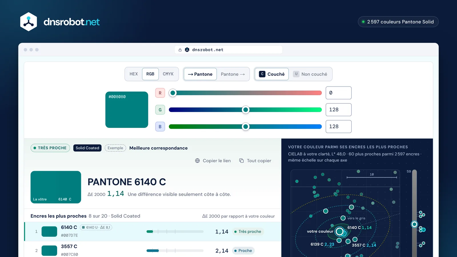 Convertisseur RVB vers Pantone : curseurs rouge, vert et bleu et encres Pantone les plus proches, classées par Delta E 2000