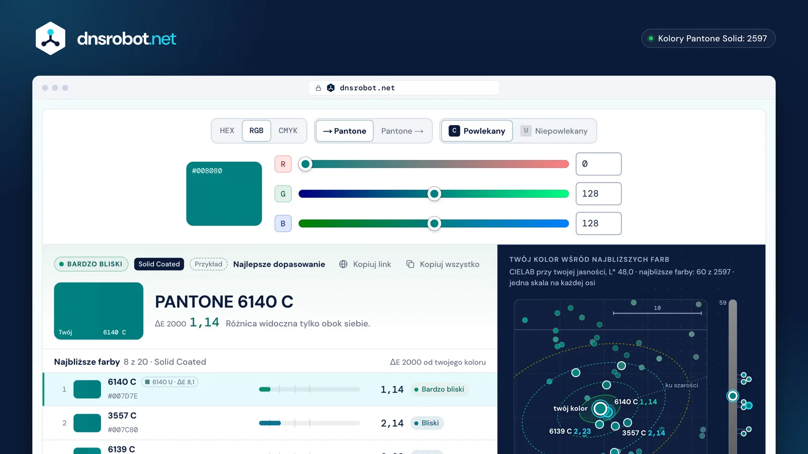 Konwerter RGB na Pantone: suwaki czerwonego, zielonego i niebieskiego oraz najbliższe farby Pantone według Delta E 2000