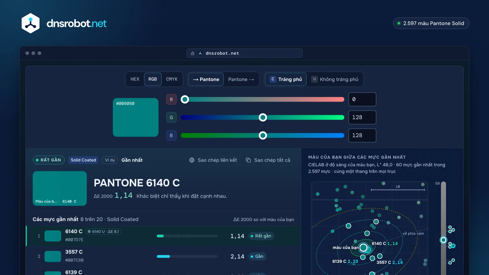 Chuyển đổi RGB sang Pantone: thanh trượt đỏ, xanh lá, xanh dương và các màu Pantone gần nhất xếp theo Delta E 2000